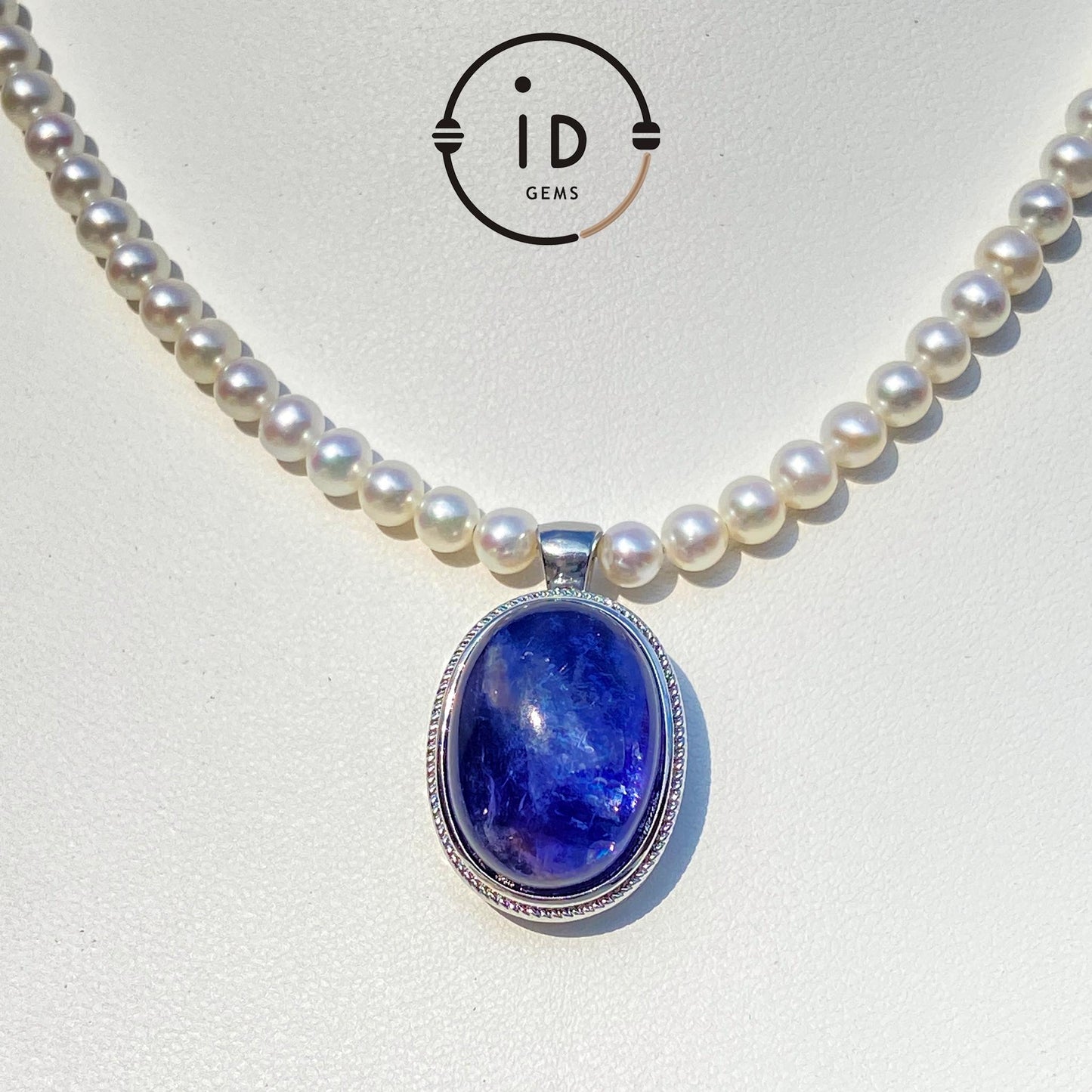 Natural Pearl Necklace with Dark Blue Sodalite Pendant|Round Freshwater Pearls|Handmade Elegant Jewelry|Unique Gift for Women