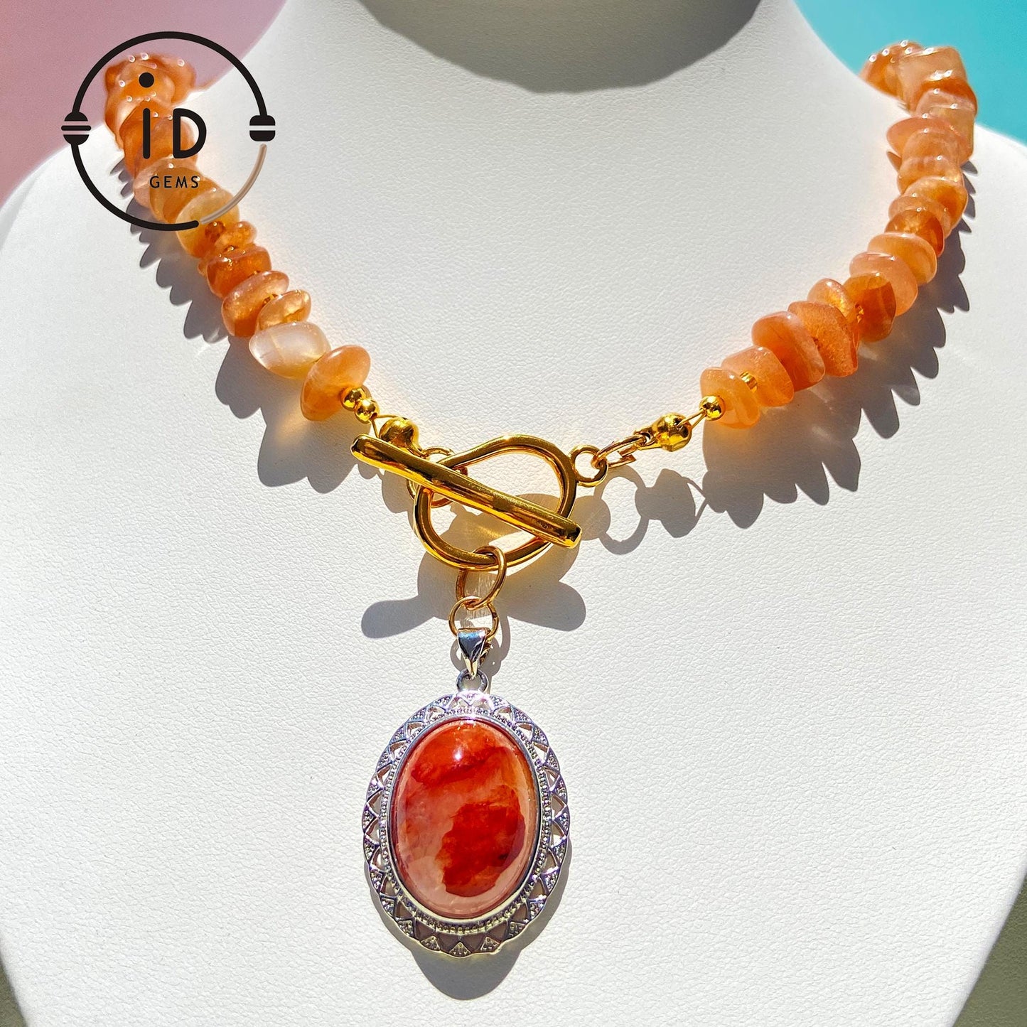 Orange Sunstone Beaded Necklace with Phantom Quartz Pendant|Handmade Natural Gemstone Jewelry|Spiritual Healing Gift