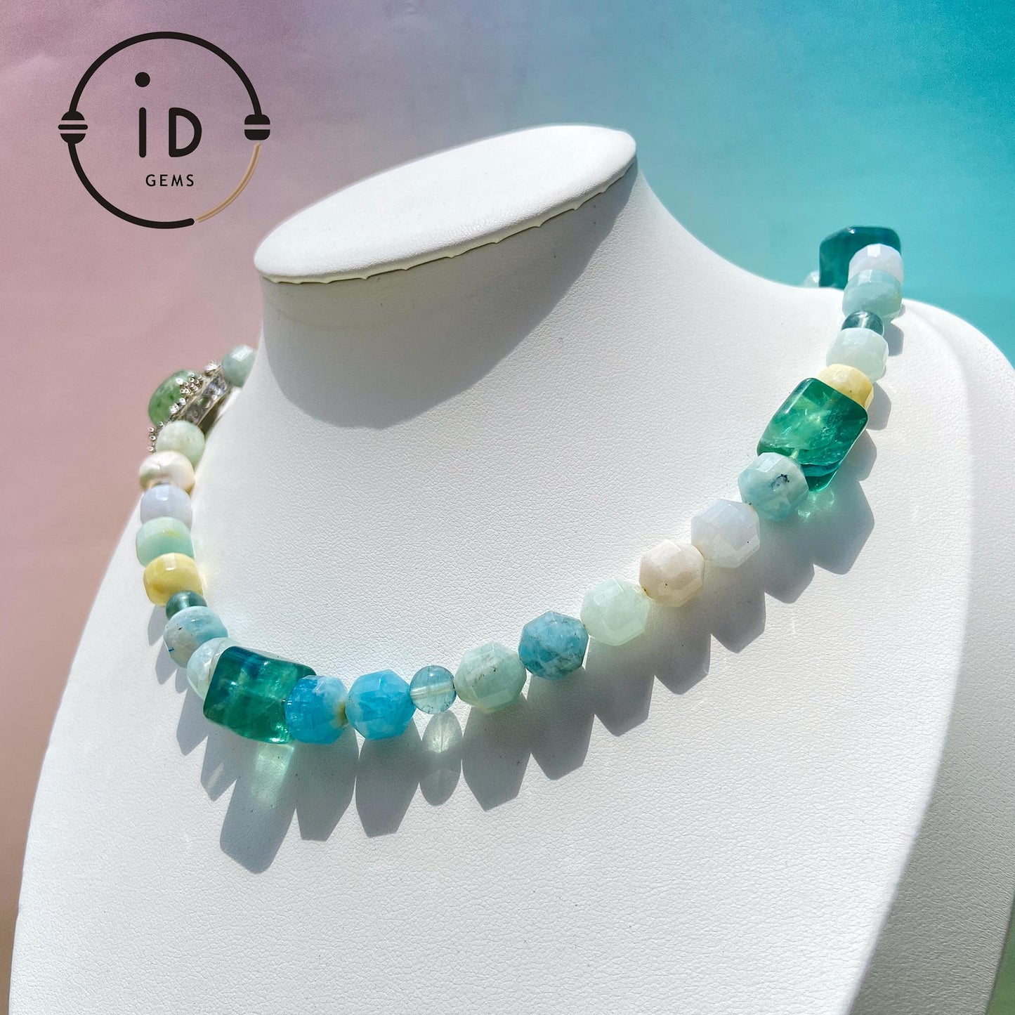Summer Gemstone Necklace with Aquamarine, Morganite & Green Phantom Quartz | Handmade Beaded Jewelry Gift for Women