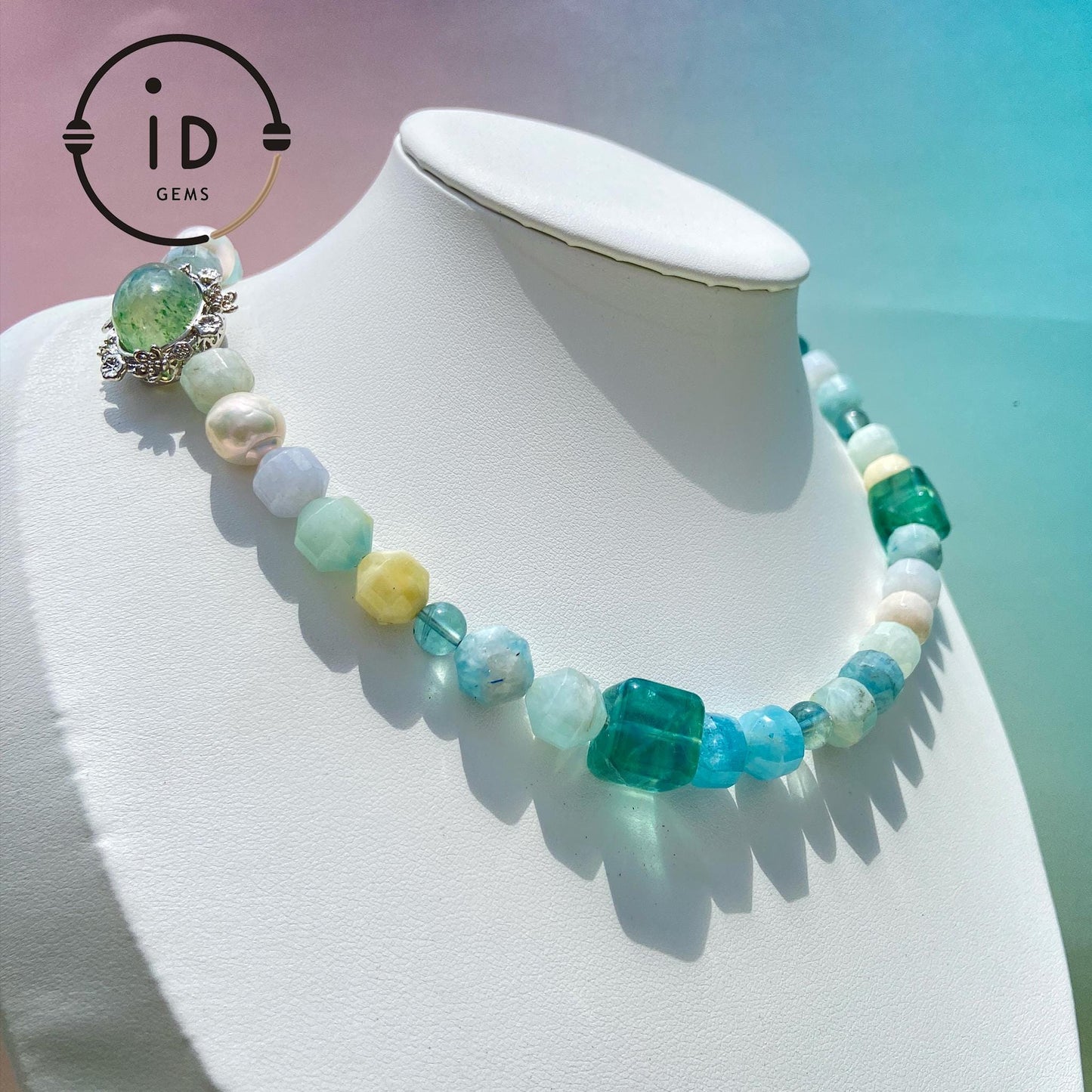 Summer Gemstone Necklace with Aquamarine, Morganite & Green Phantom Quartz | Handmade Beaded Jewelry Gift for Women