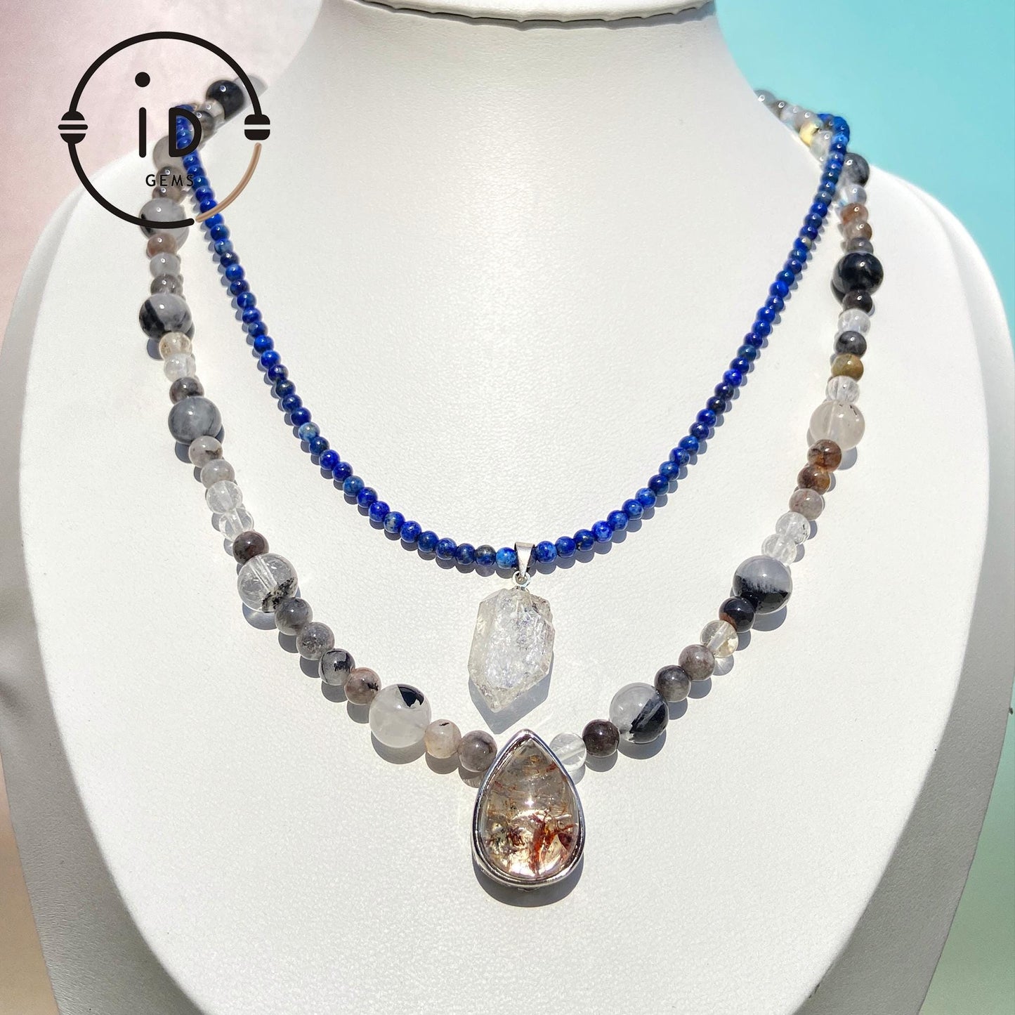 Handmade Double Gemstone Necklace with Lapis Lazuli, Phantom Quartz & Natural Crystal|Layered Beaded Necklace Gift|Spiritual Healing Jewelry