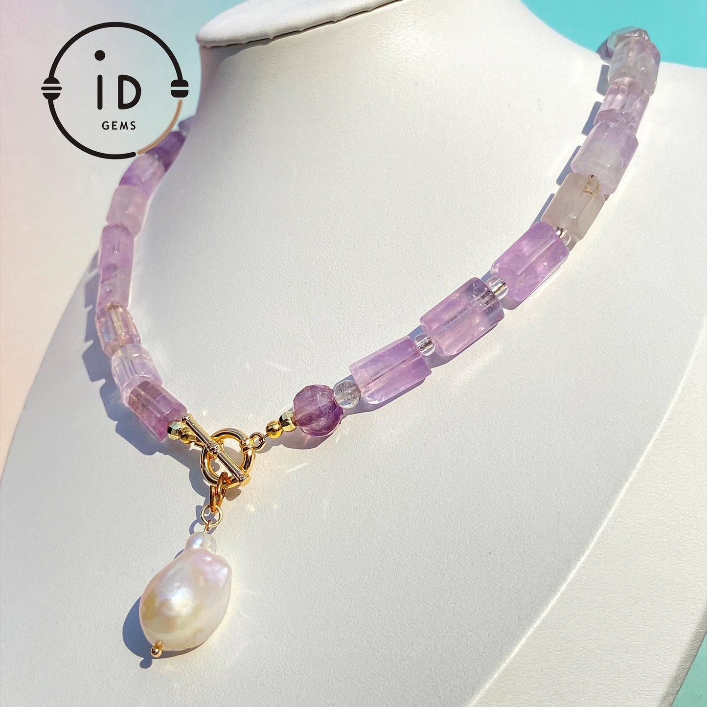 Lavender Amethyst Cube Bead Necklace with Baroque Pearl Pendant|Handmade Purple Gemstone Jewelry|Unique Gift for Women