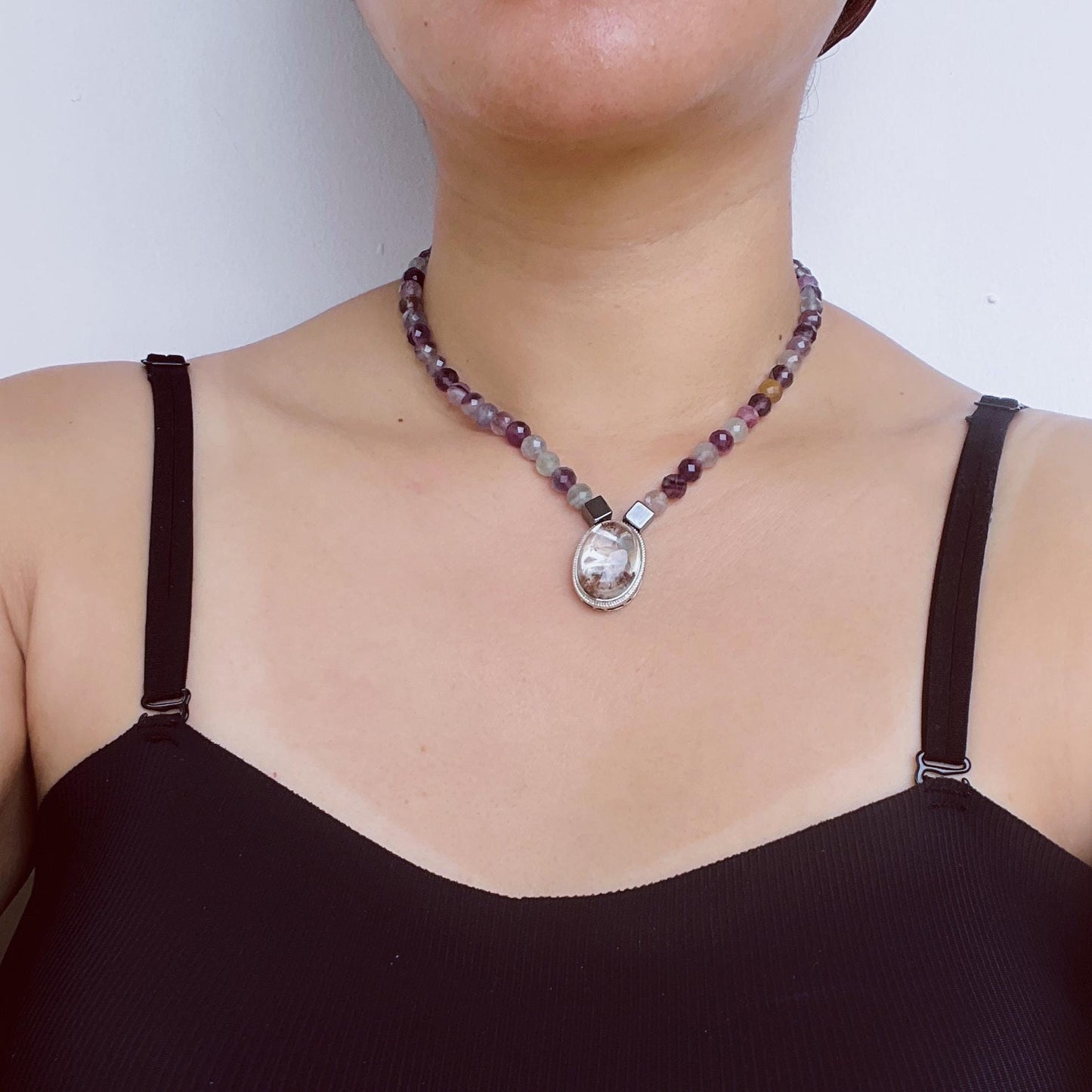 Spirit Quartz Necklace with Hematite Beads & Fluorite Pendant|Natural Healing Crystal Jewelry|Handmade Gift for Her|Spiritual Balance