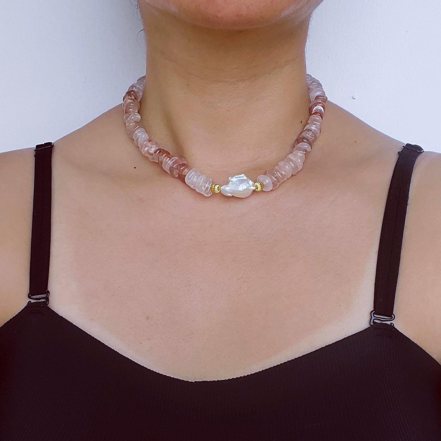 Irregular Strawberry Quartz & Baroque Pearl Necklace|Healing Gemstone Jewelry|Handmade Gift for Her|Romantic Boho Style