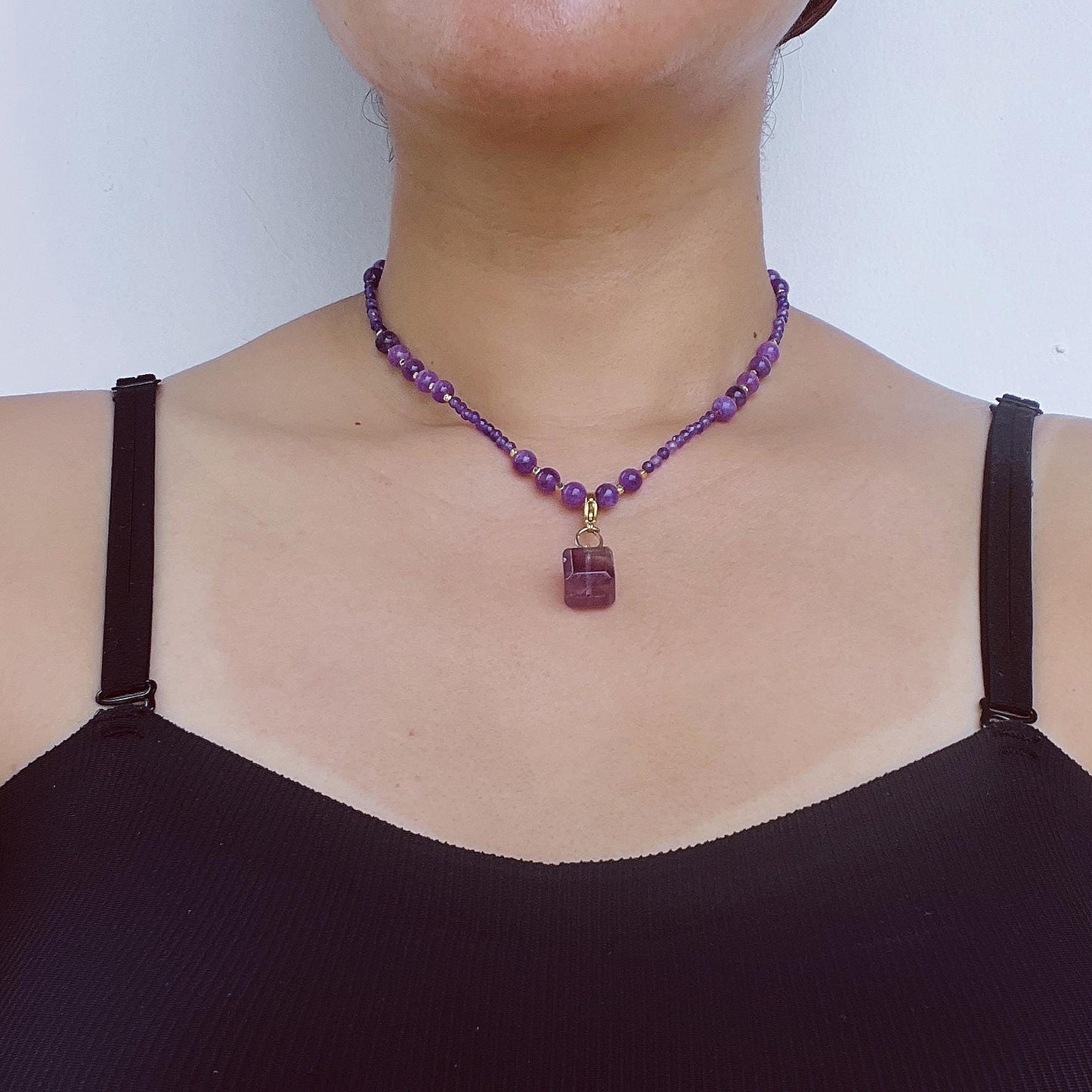 Short Amethyst Beaded Necklace with Purple Fluorite Pendant|Handmade Spiritual Jewelry|Meditation Gift for Women