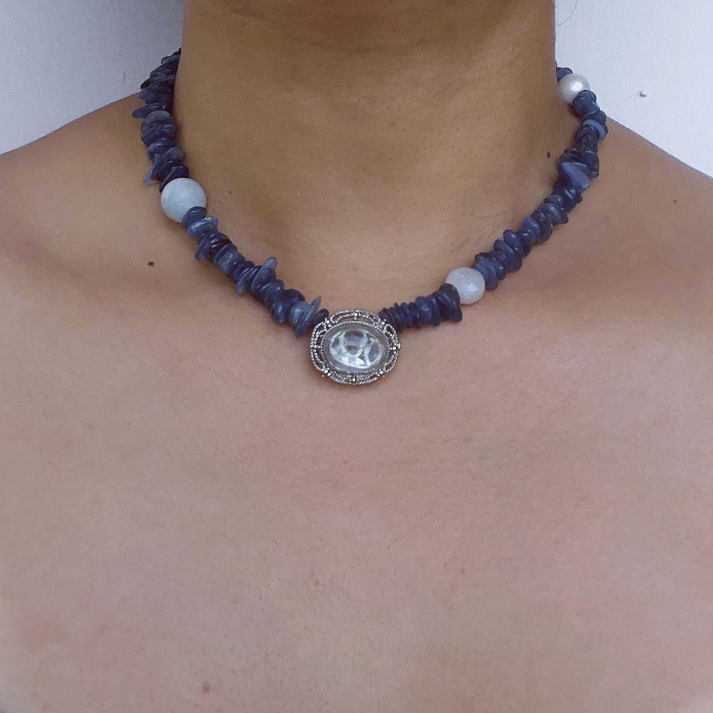 Raw Sapphire-Inspired Irregular Necklace|Natural Kyanite, Aquamarine & Pearl Beaded Necklace|Handmade Spiritual Blue Gemstone Jewelry