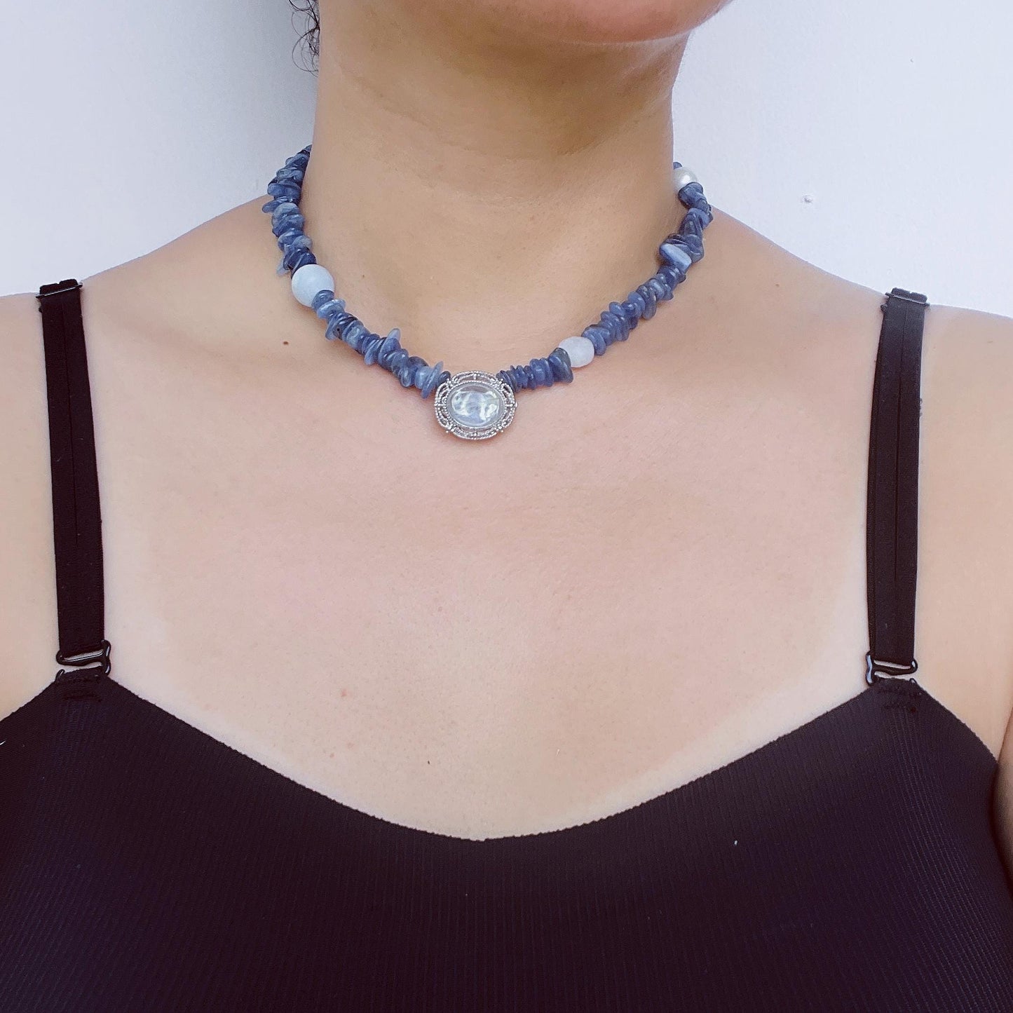 Raw Sapphire-Inspired Irregular Necklace|Natural Kyanite, Aquamarine & Pearl Beaded Necklace|Handmade Spiritual Blue Gemstone Jewelry