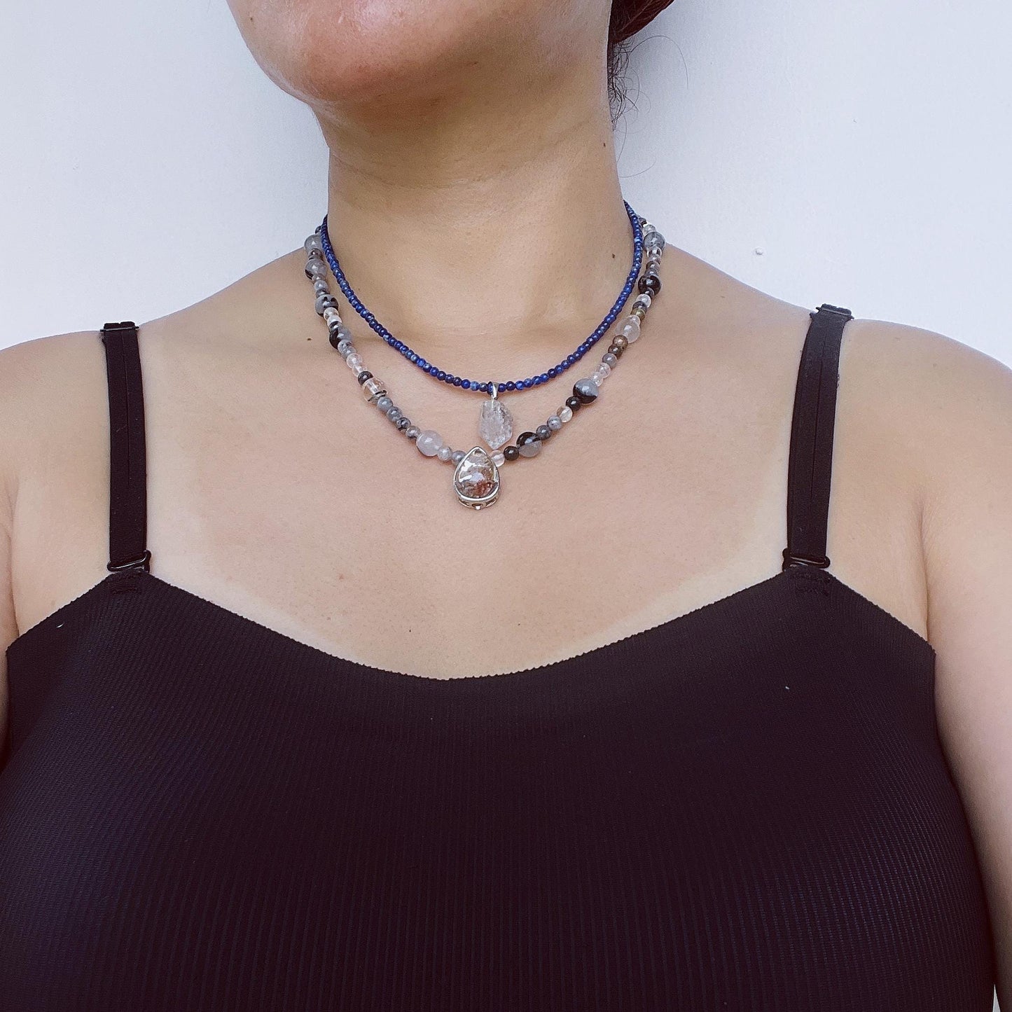 Handmade Double Gemstone Necklace with Lapis Lazuli, Phantom Quartz & Natural Crystal|Layered Beaded Necklace Gift|Spiritual Healing Jewelry
