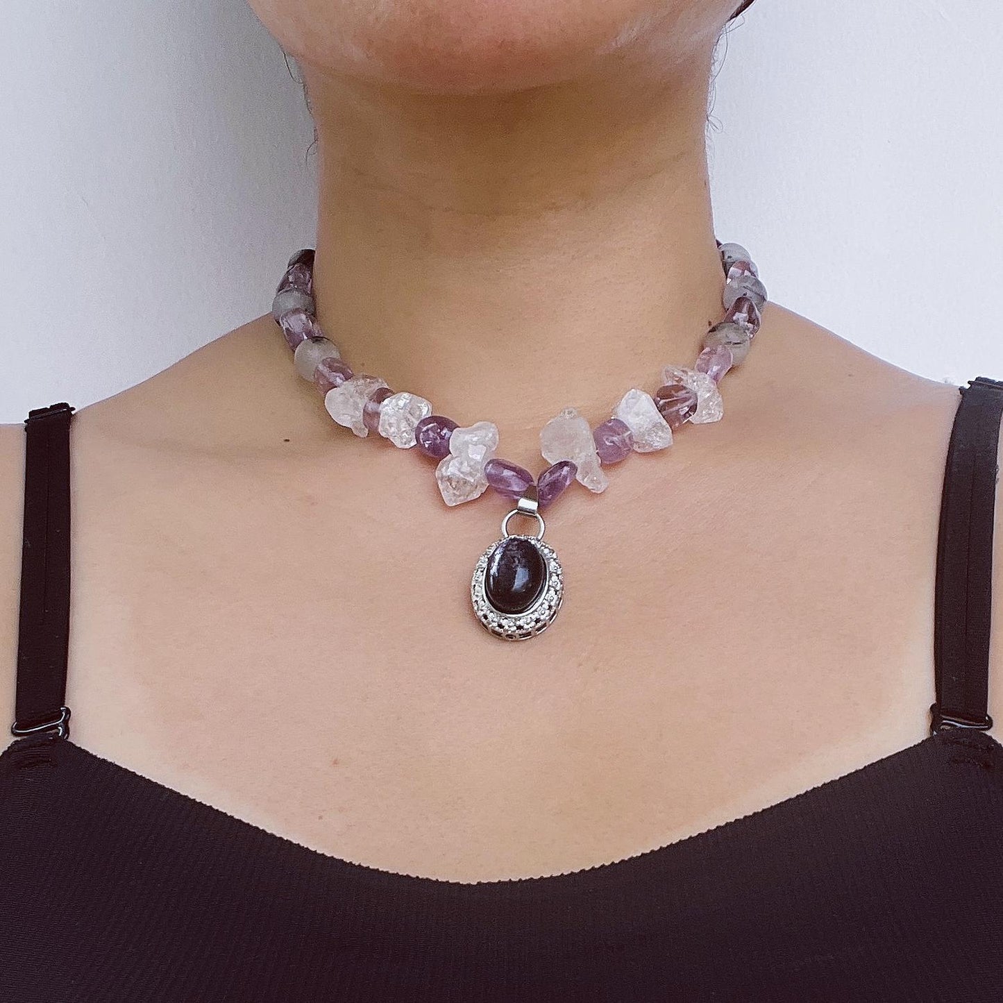 Chunky Amethyst & Clear Quartz Necklace with Moonstone Pendant|Handmade Vintage-Style Statement Jewelry for Women