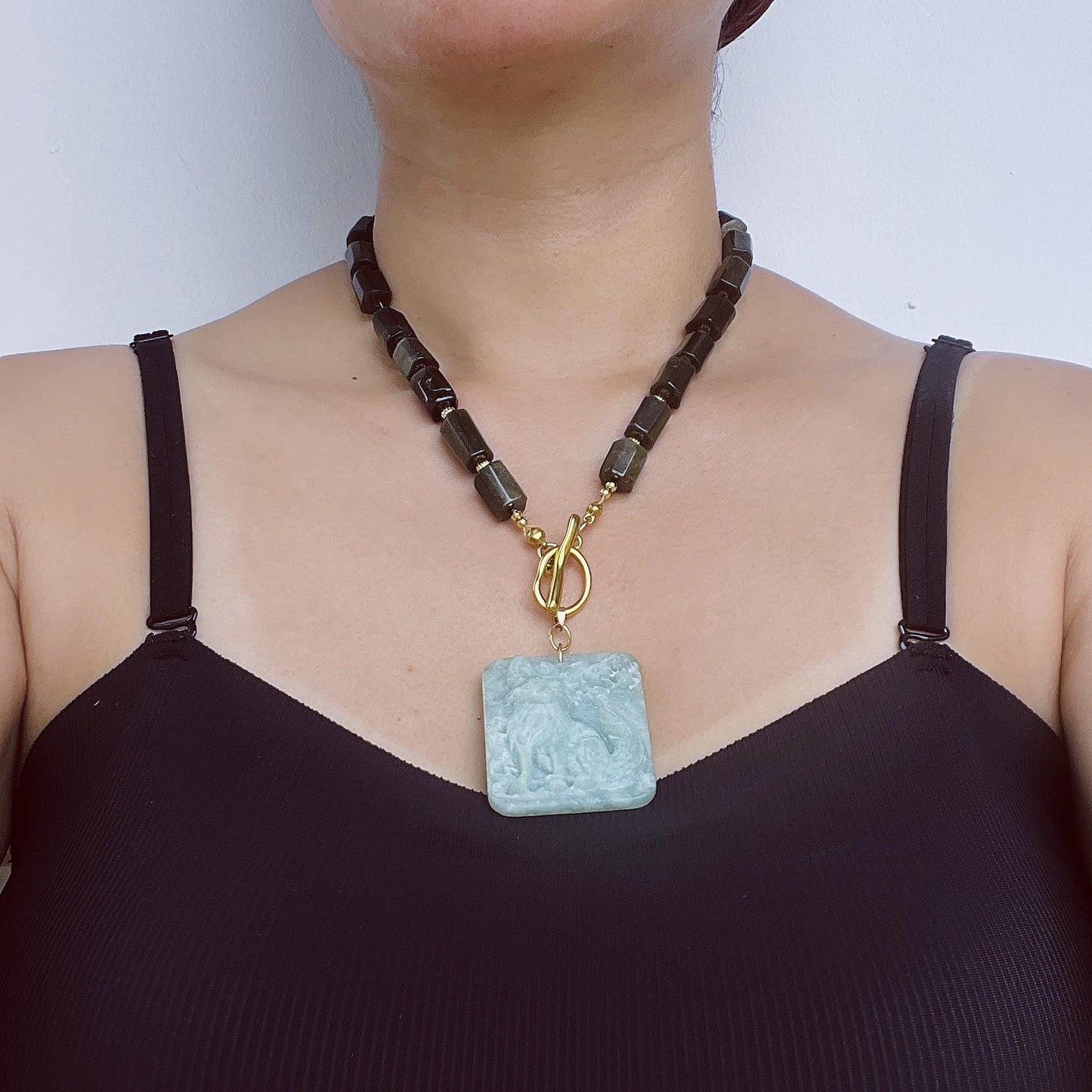 Gold Obsidian Fox Necklace|Hand-Carved Jade Pendant|Spiritual Healing Amulet|Protective Talisman Jewelry Gift for Women