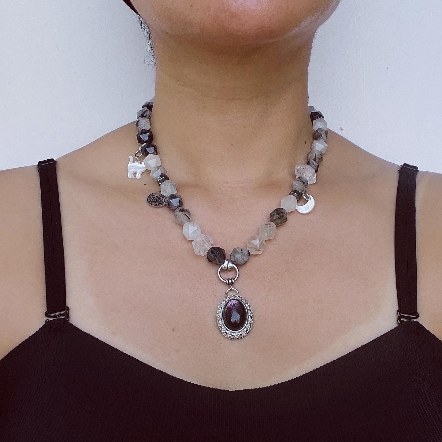 Raw Crystal Pendant Necklace|Boho Energy Jewelry|Clear Quartz, Tourmalinated Quartz & Fluorite|Handmade Spiritual Healing Necklace
