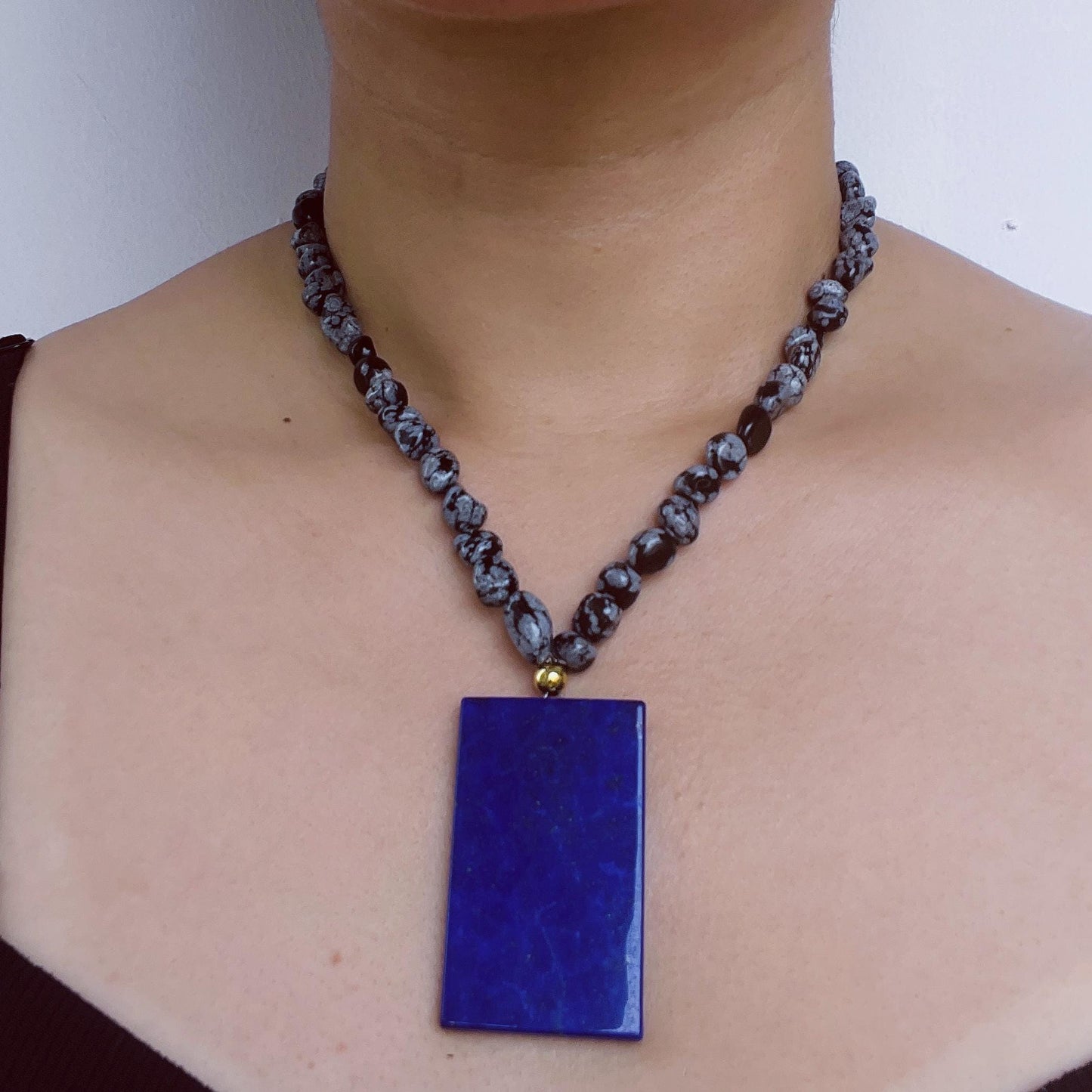 Vintage Boho Necklace with Lapis Lazuli Pendant|Black & White Agate Beads|Handmade Artistic Jewelry|Unique Gift for Women