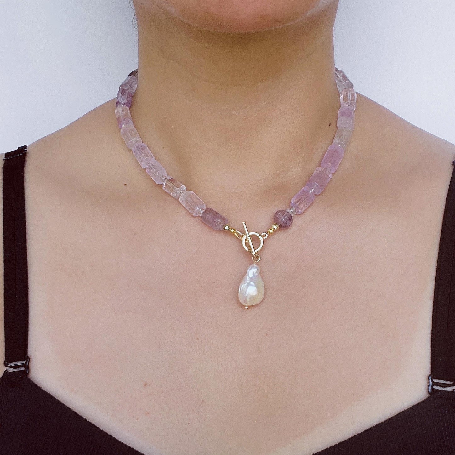 Lavender Amethyst Cube Bead Necklace with Baroque Pearl Pendant|Handmade Purple Gemstone Jewelry|Unique Gift for Women