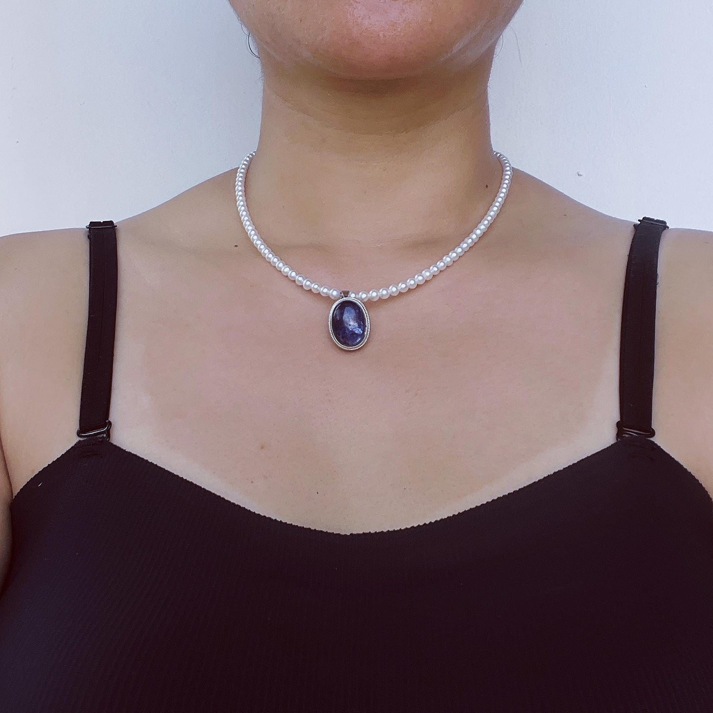 Natural Pearl Necklace with Dark Blue Sodalite Pendant|Round Freshwater Pearls|Handmade Elegant Jewelry|Unique Gift for Women