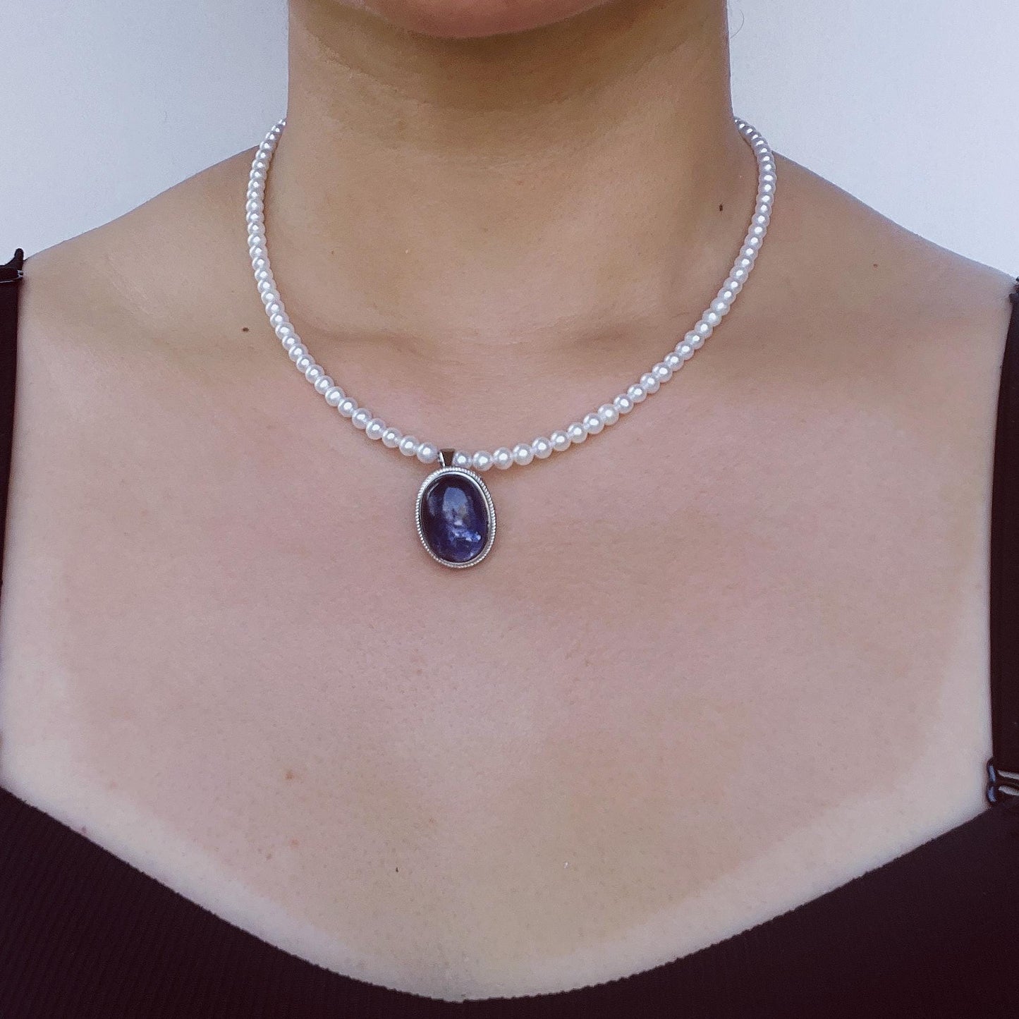 Natural Pearl Necklace with Dark Blue Sodalite Pendant|Round Freshwater Pearls|Handmade Elegant Jewelry|Unique Gift for Women