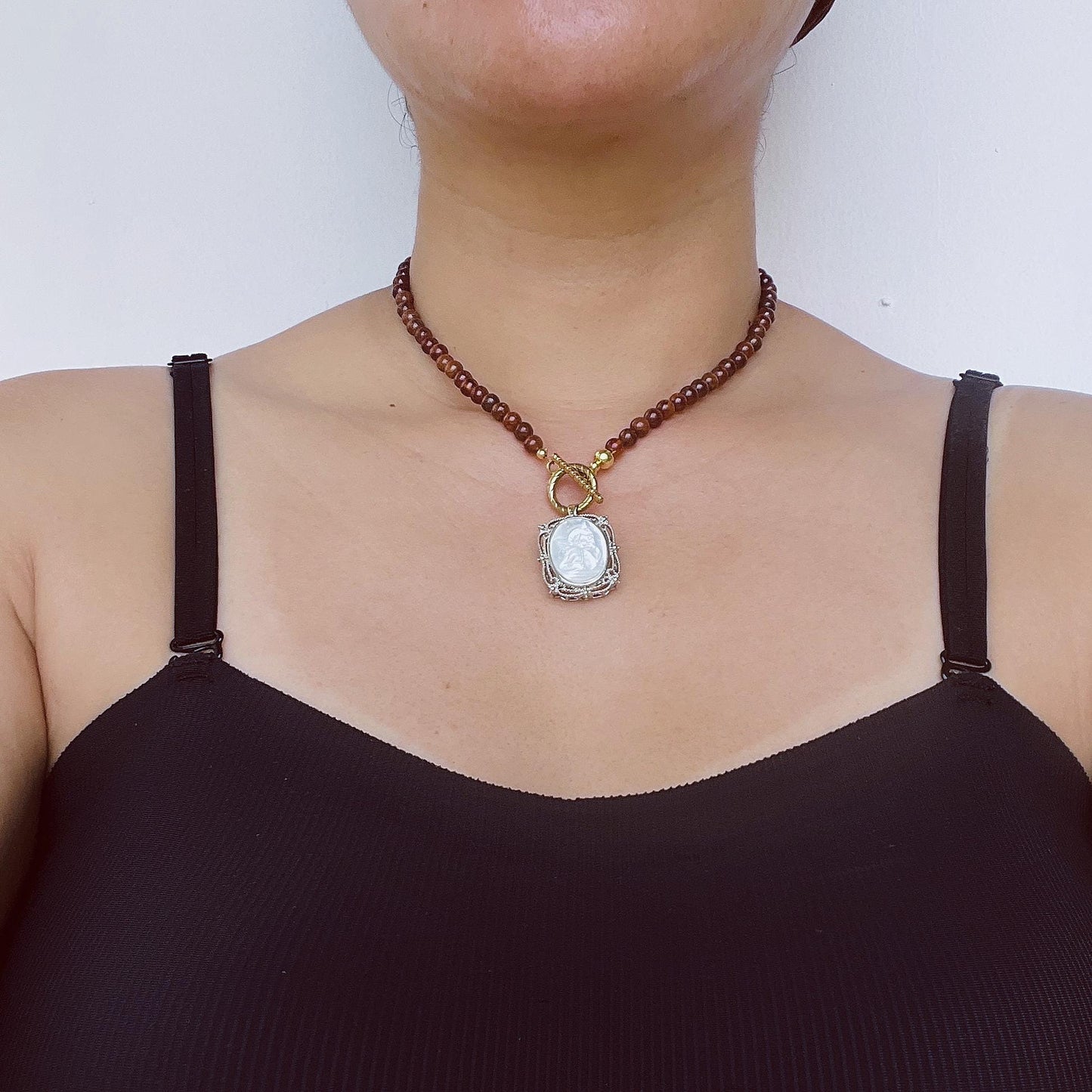 Red Agate Beaded Necklace with Carved Shell Angel Pendant|Handmade Natural Gemstone Jewelry|Unique Spiritual Gift