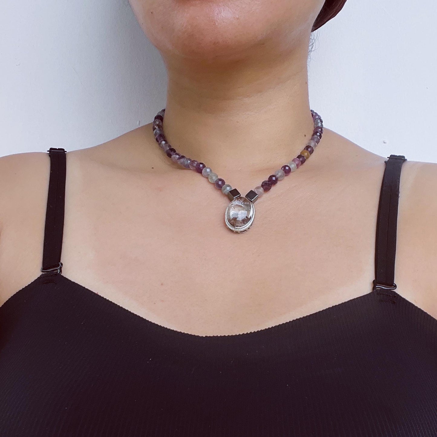 Colorful Gemstone Beaded Necklace with Faceted Crystal|Handmade Hematite, Spirit Quartz & Fluorite Jewelry|Unique Gift for Women