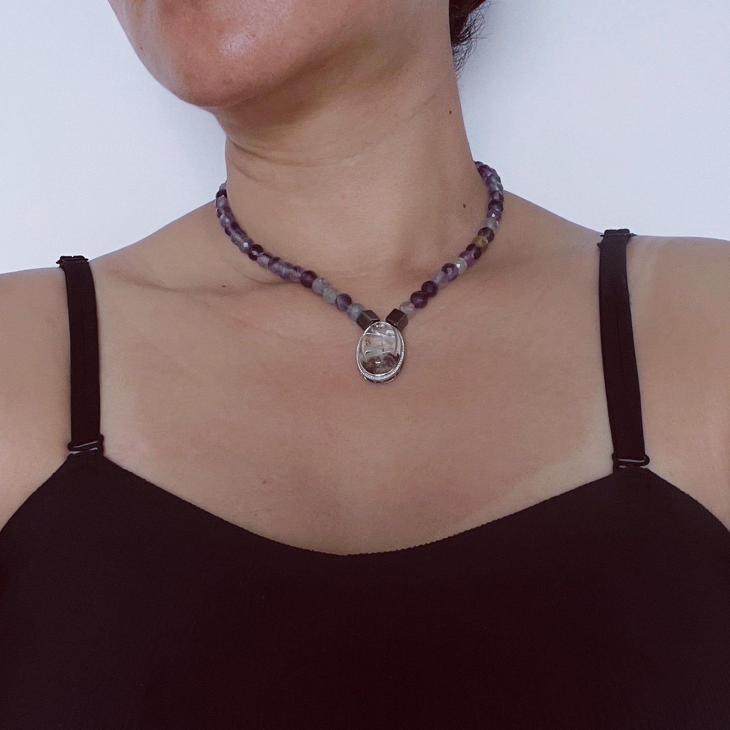Colorful Gemstone Beaded Necklace with Faceted Crystal|Handmade Hematite, Spirit Quartz & Fluorite Jewelry|Unique Gift for Women