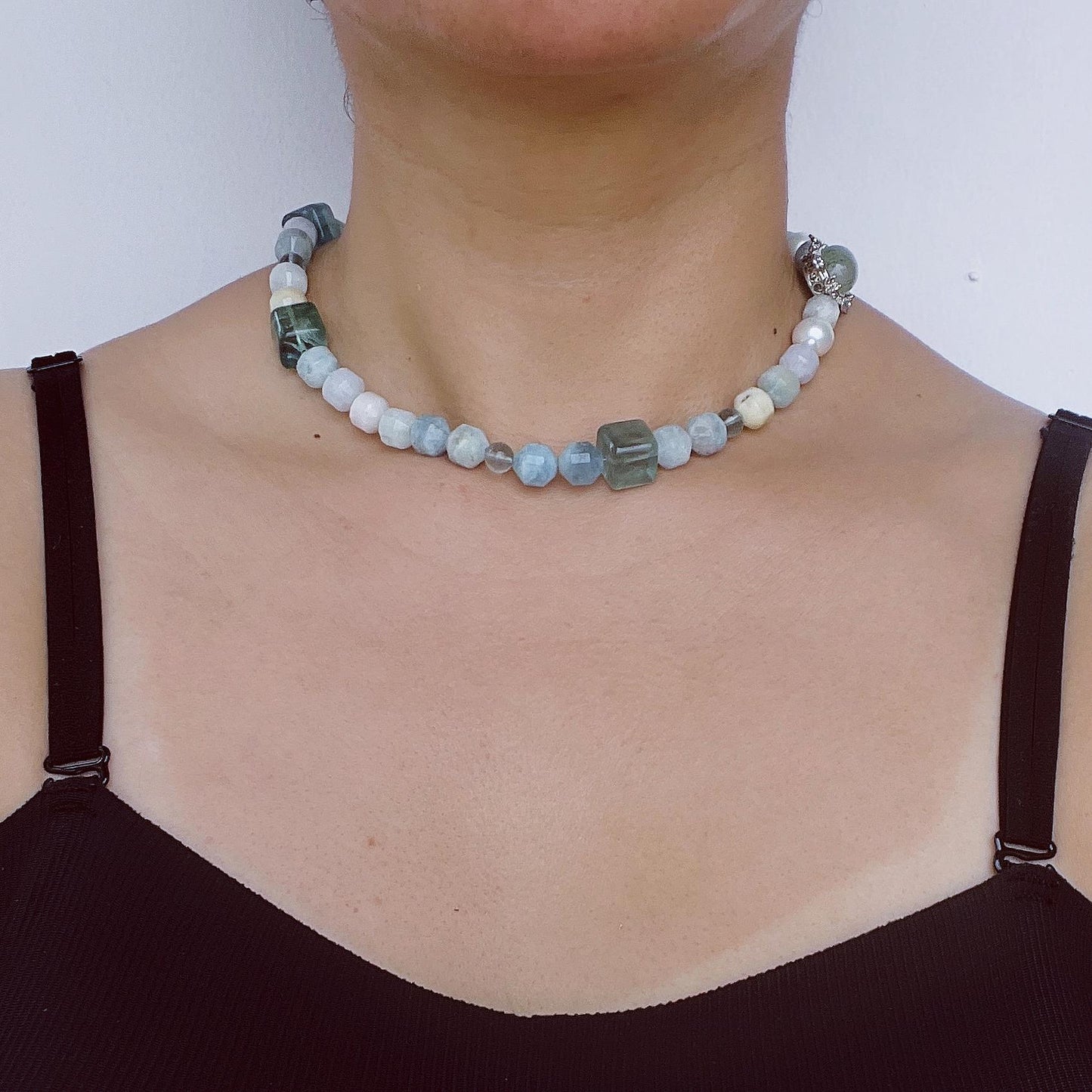 Summer Gemstone Necklace with Aquamarine, Morganite & Green Phantom Quartz | Handmade Beaded Jewelry Gift for Women