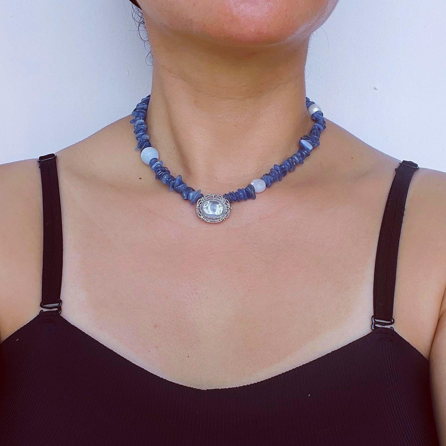 Raw Sapphire-Inspired Irregular Necklace|Natural Kyanite, Aquamarine & Pearl Beaded Necklace|Handmade Spiritual Blue Gemstone Jewelry