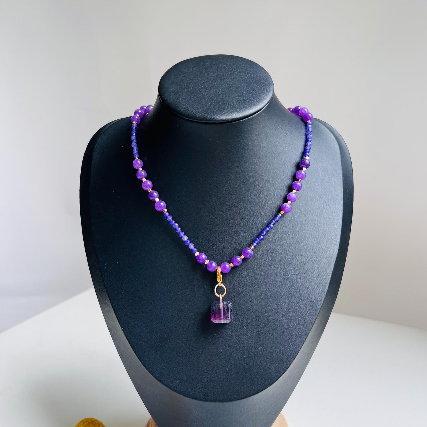 Short Amethyst Beaded Necklace with Purple Fluorite Pendant|Handmade Spiritual Jewelry|Meditation Gift for Women