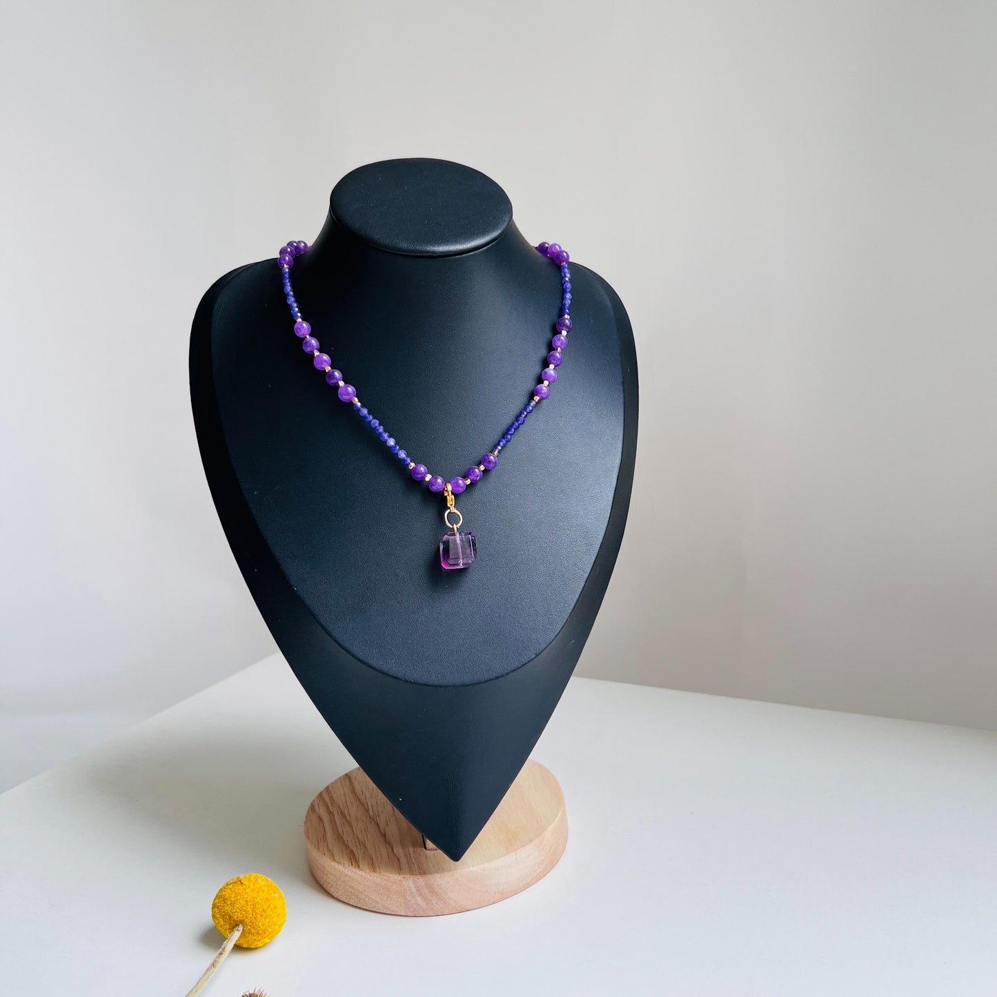 Short Amethyst Beaded Necklace with Purple Fluorite Pendant|Handmade Spiritual Jewelry|Meditation Gift for Women
