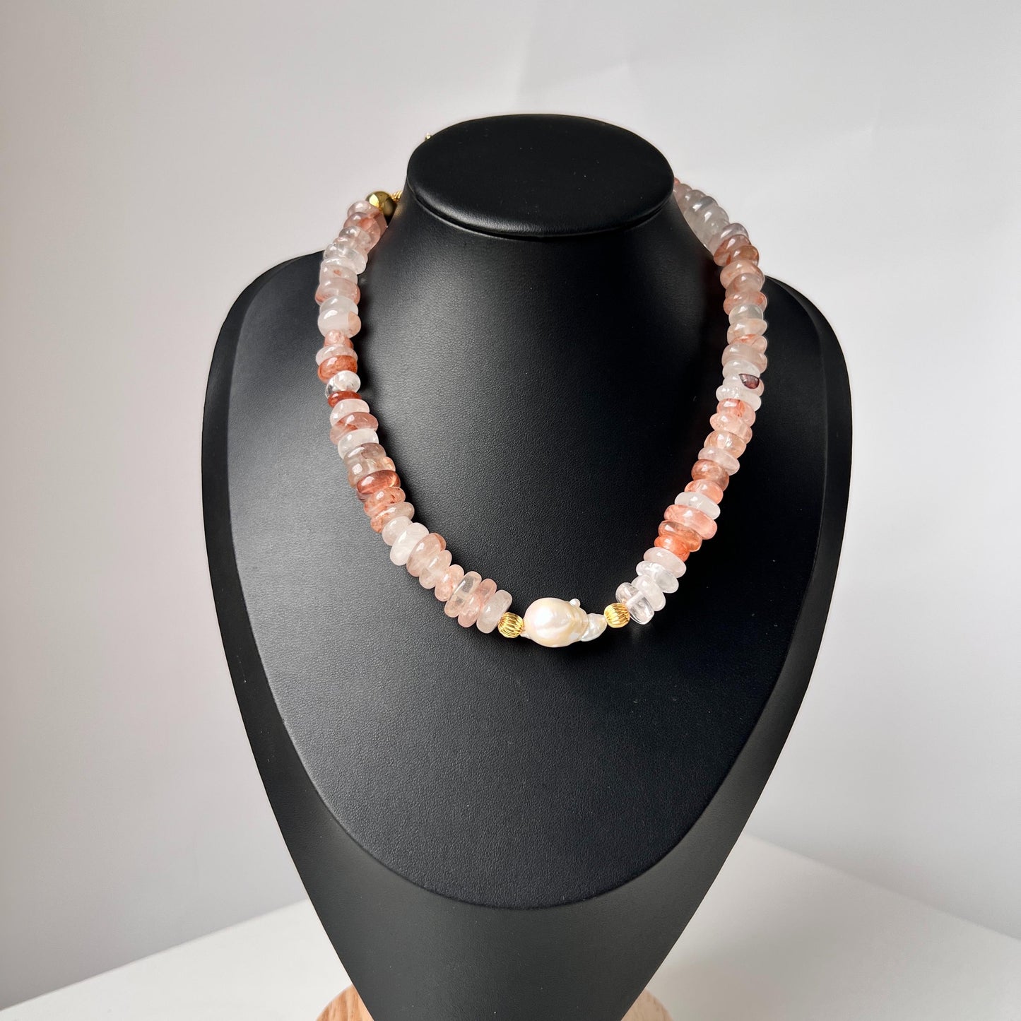 Irregular Strawberry Quartz & Baroque Pearl Necklace|Healing Gemstone Jewelry|Handmade Gift for Her|Romantic Boho Style
