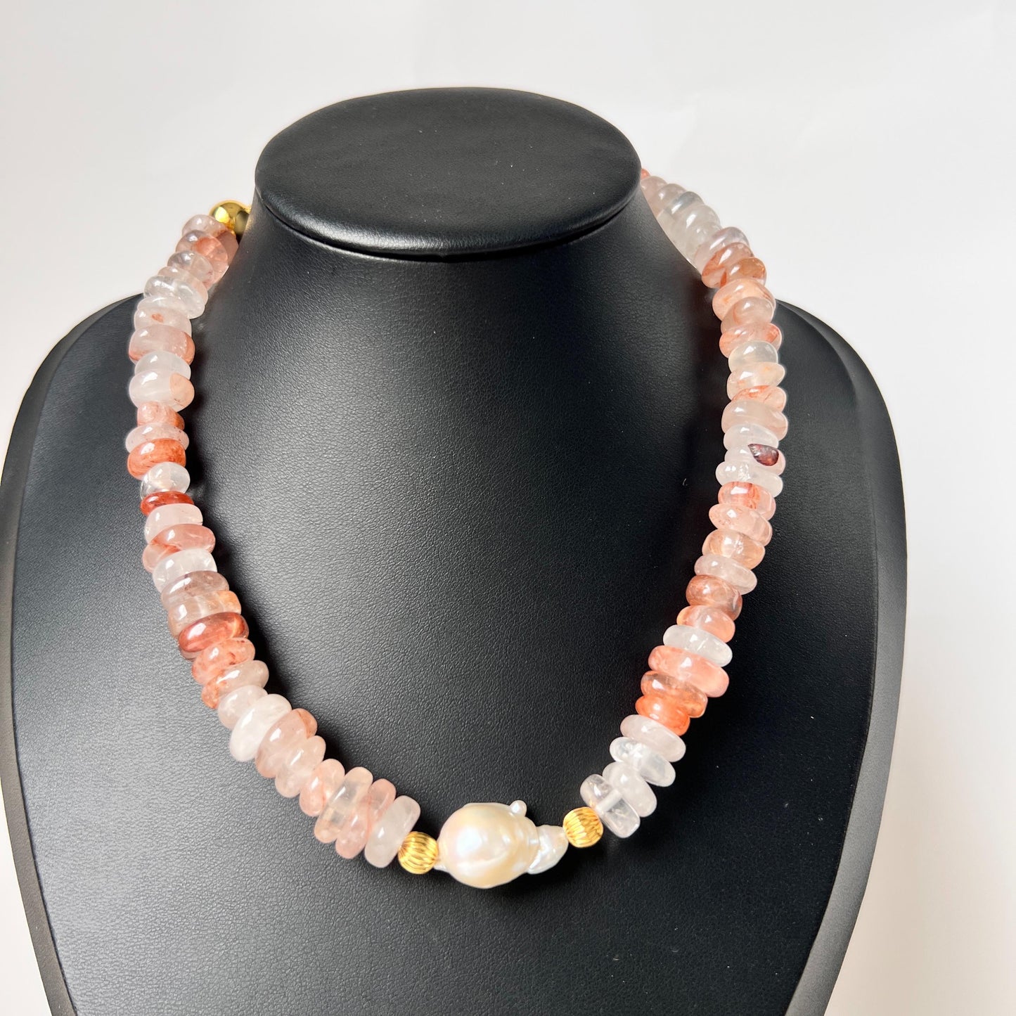 Irregular Strawberry Quartz & Baroque Pearl Necklace|Healing Gemstone Jewelry|Handmade Gift for Her|Romantic Boho Style