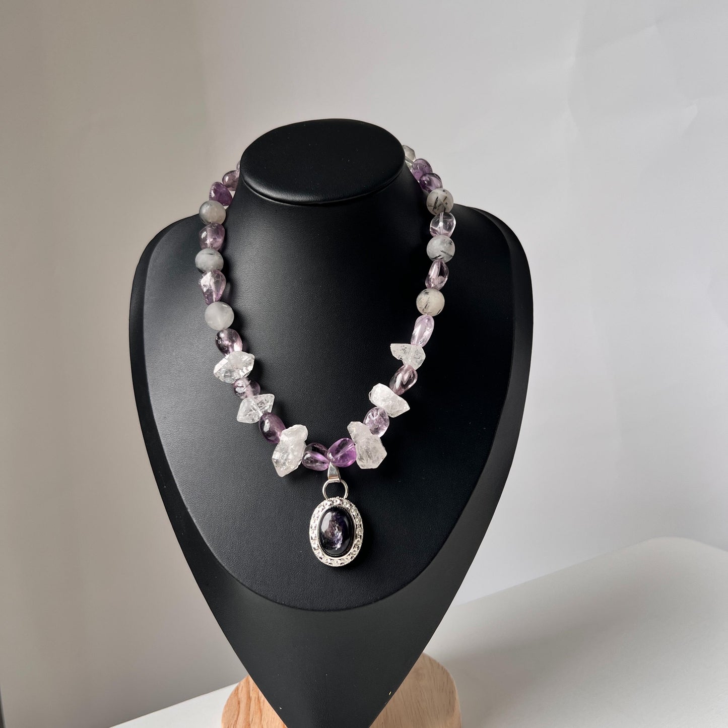 Chunky Amethyst & Clear Quartz Necklace with Moonstone Pendant|Handmade Vintage-Style Statement Jewelry for Women