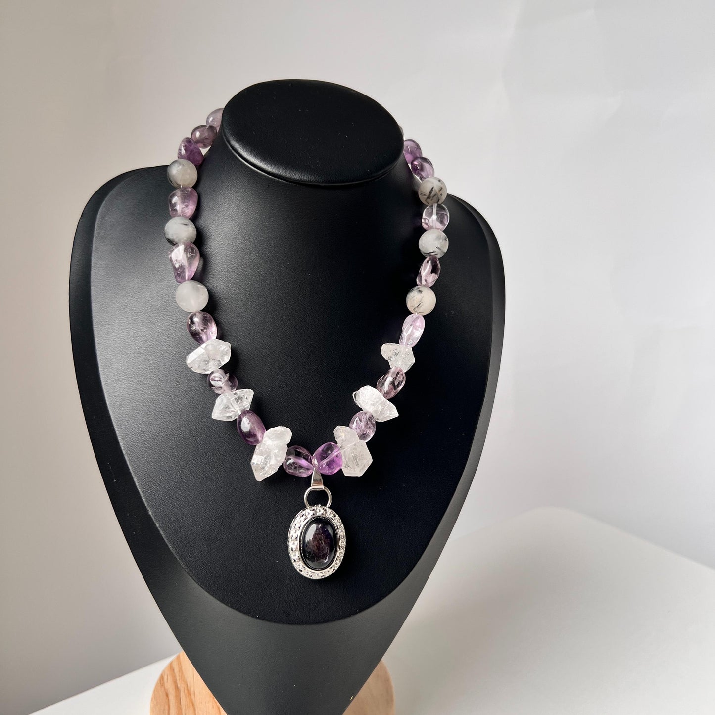 Chunky Amethyst & Clear Quartz Necklace with Moonstone Pendant|Handmade Vintage-Style Statement Jewelry for Women