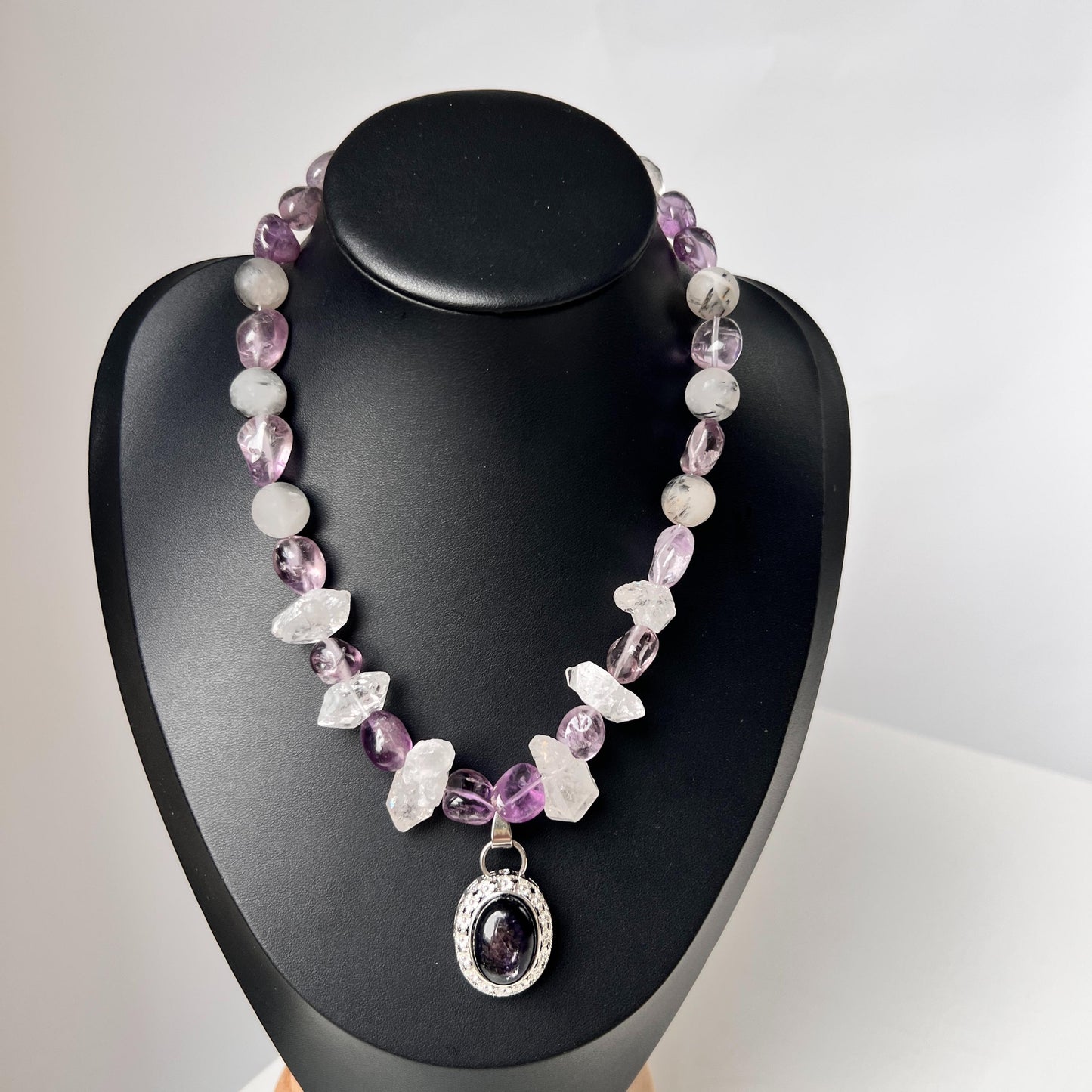 Chunky Amethyst & Clear Quartz Necklace with Moonstone Pendant|Handmade Vintage-Style Statement Jewelry for Women