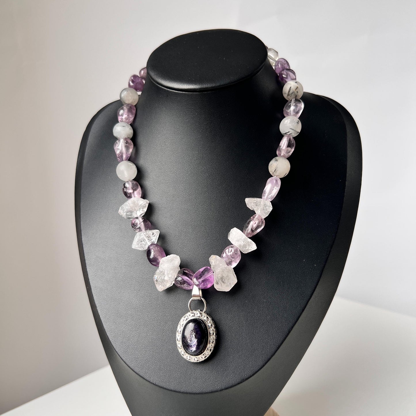 Chunky Amethyst & Clear Quartz Necklace with Moonstone Pendant|Handmade Vintage-Style Statement Jewelry for Women