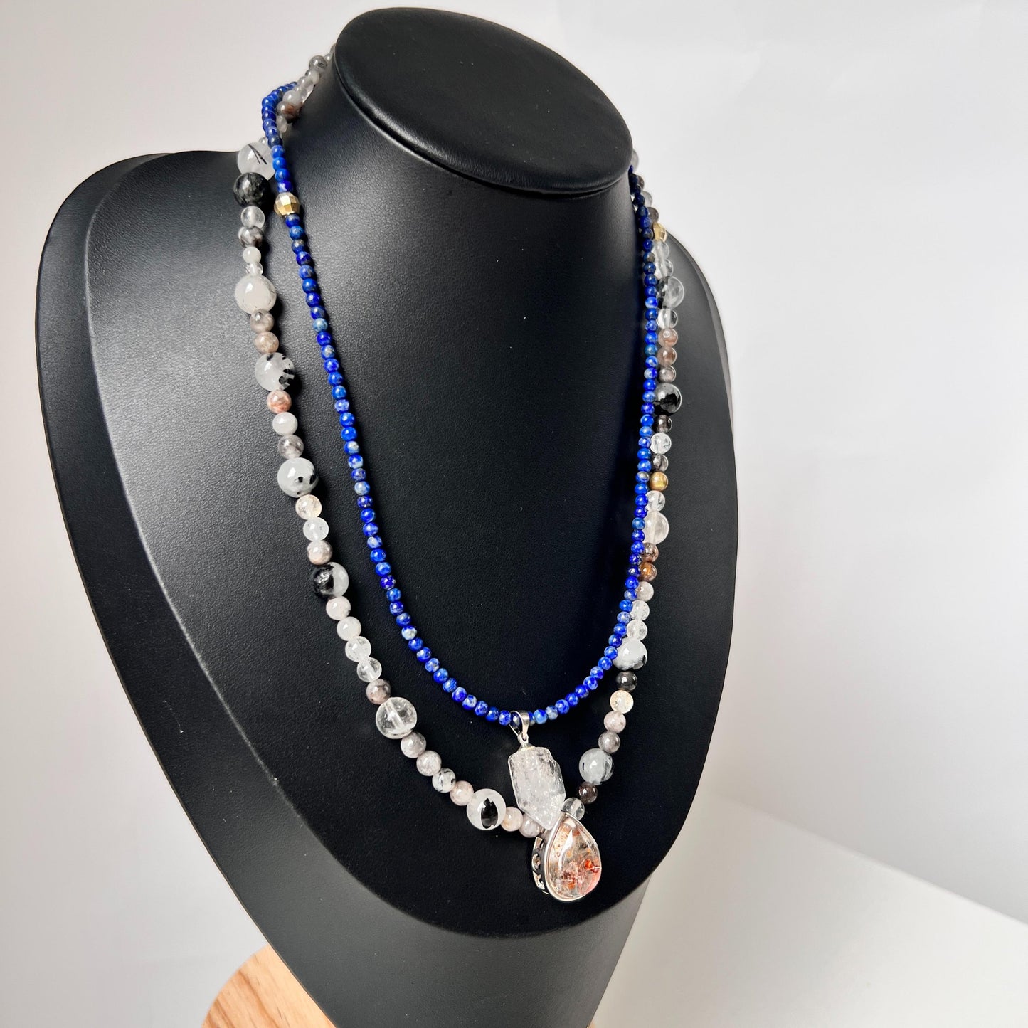 Handmade Double Gemstone Necklace with Lapis Lazuli, Phantom Quartz & Natural Crystal|Layered Beaded Necklace Gift|Spiritual Healing Jewelry