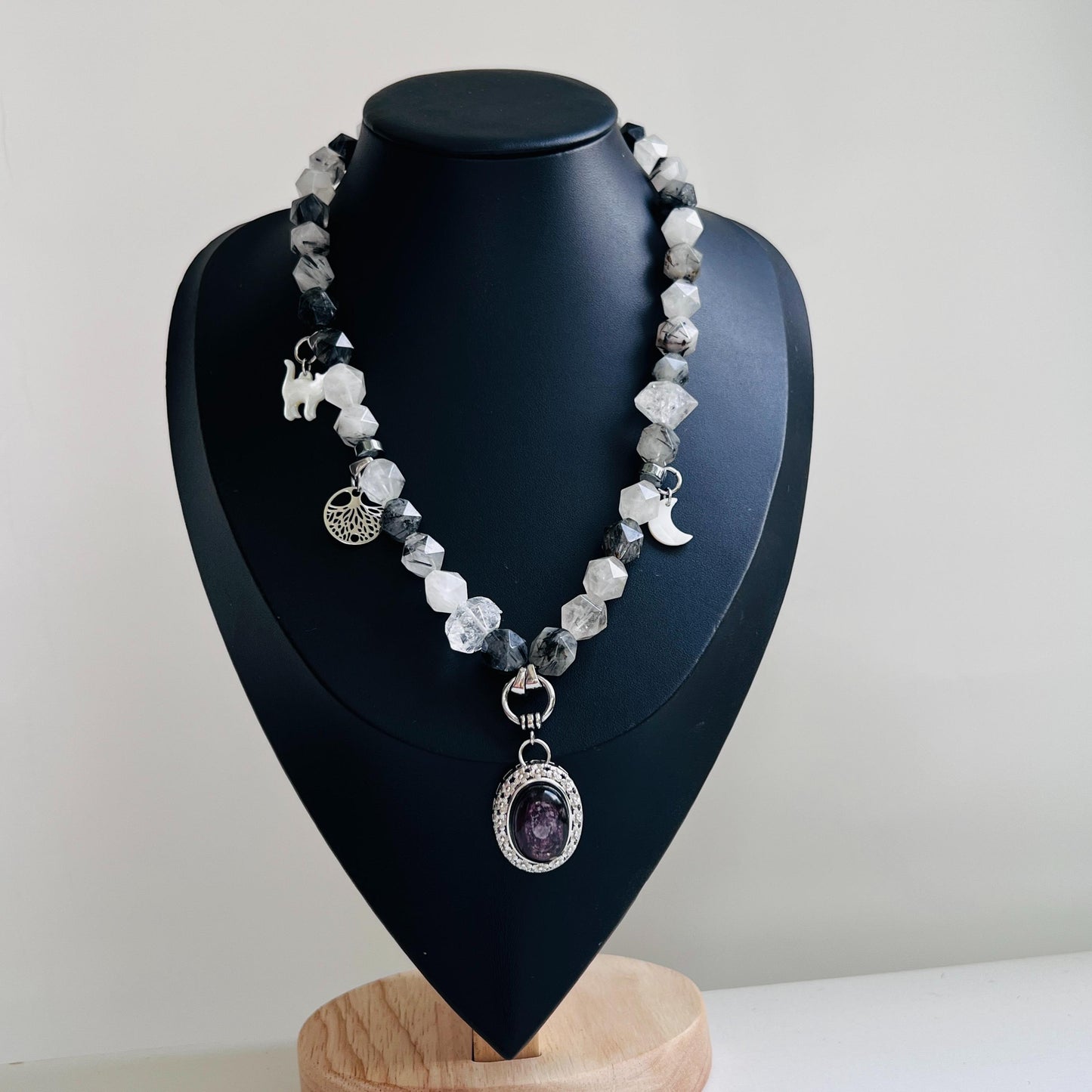 Raw Crystal Pendant Necklace|Boho Energy Jewelry|Clear Quartz, Tourmalinated Quartz & Fluorite|Handmade Spiritual Healing Necklace