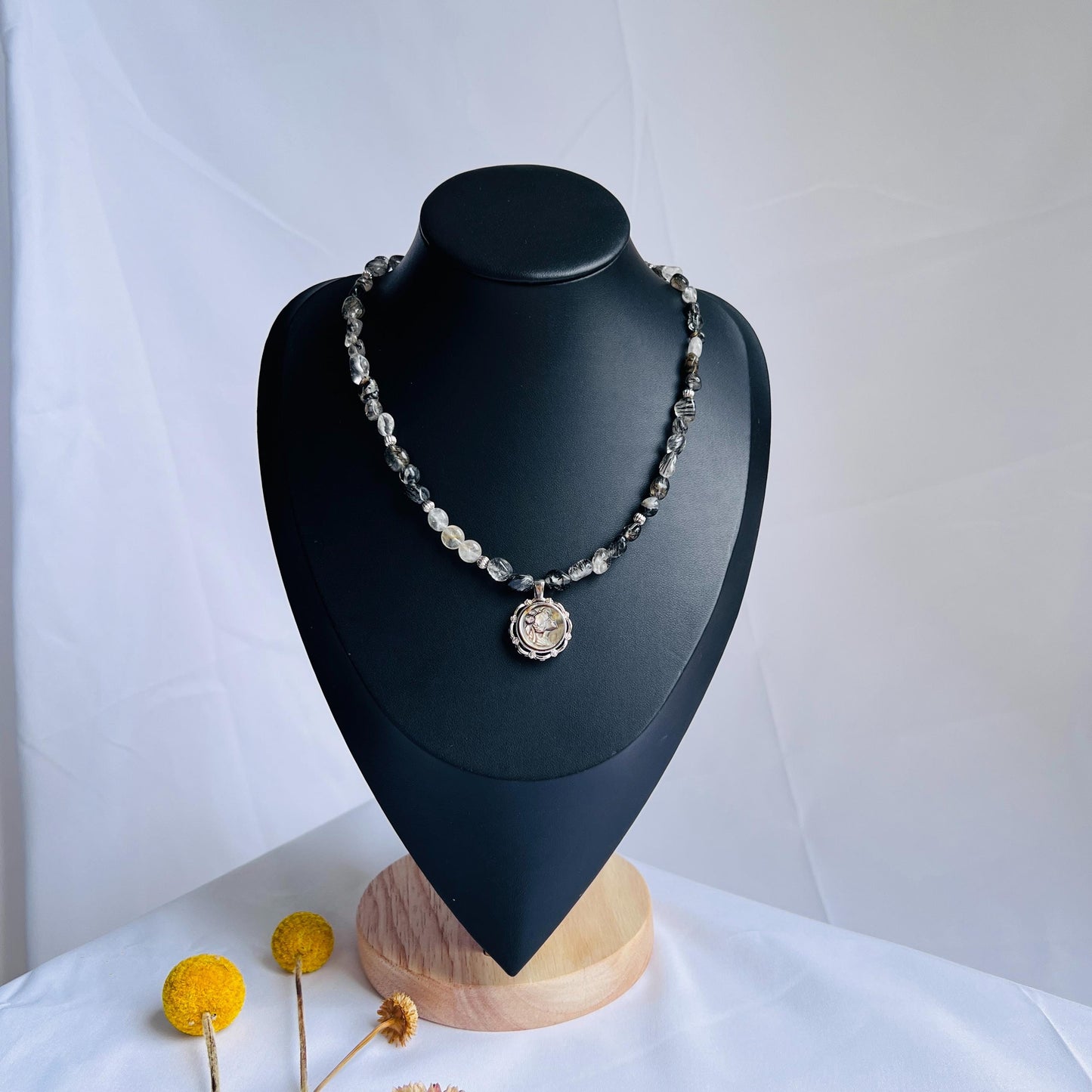 Handmade Cameo Necklace with Girl Pendant|Black Rutilated Quartz Beads|Natural Shell Cameo|Unique Personalized Jewelry Gift