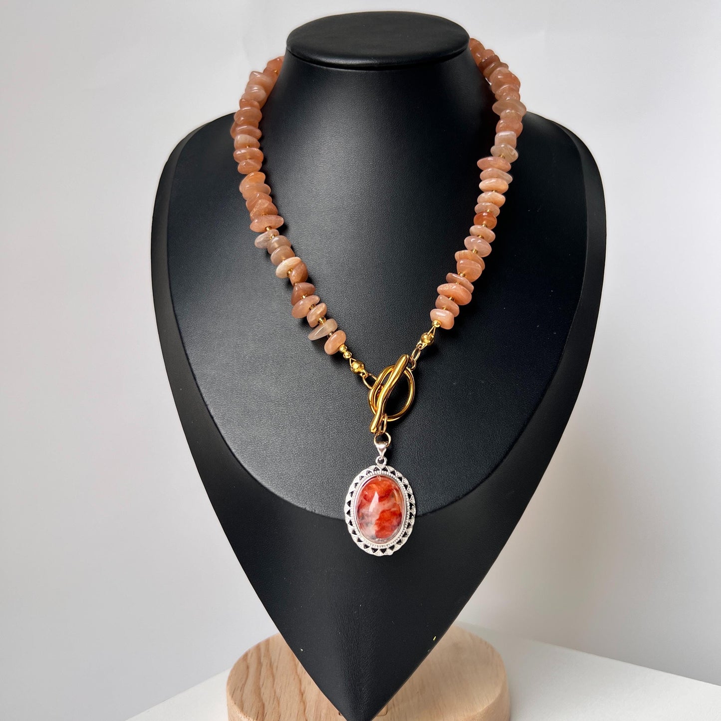 Orange Sunstone Beaded Necklace with Phantom Quartz Pendant|Handmade Natural Gemstone Jewelry|Spiritual Healing Gift