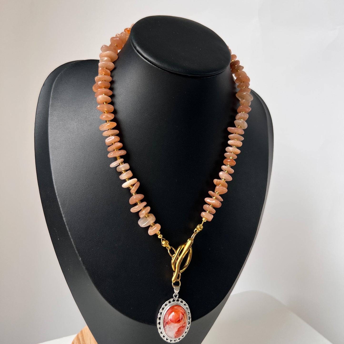 Orange Sunstone Beaded Necklace with Phantom Quartz Pendant|Handmade Natural Gemstone Jewelry|Spiritual Healing Gift