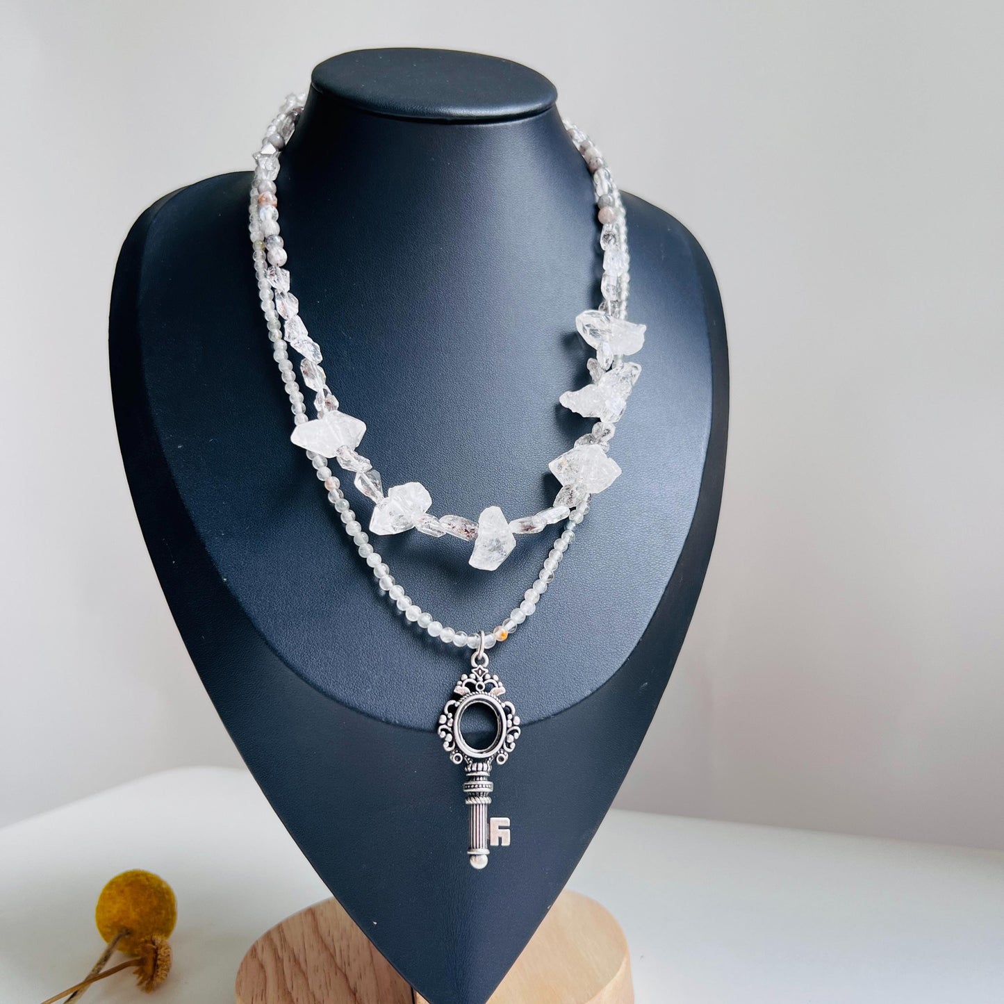 Double Layer Handmade Necklace with Phantom Quartz & Raw Crystal Beads|Fluorite Accents|Unique Spiritual Jewelry|Elegant Gift for Women