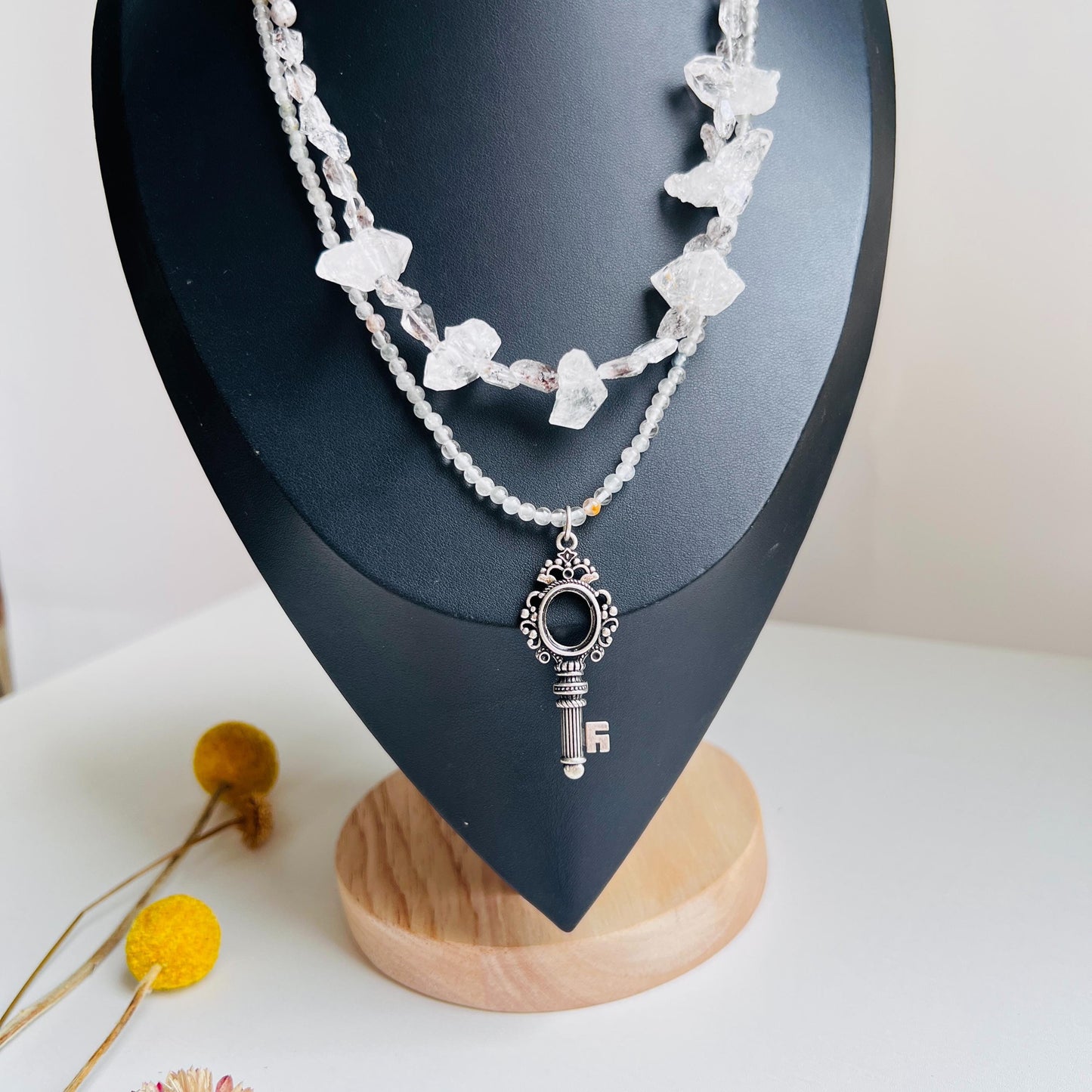 Double Layer Handmade Necklace with Phantom Quartz & Raw Crystal Beads|Fluorite Accents|Unique Spiritual Jewelry|Elegant Gift for Women