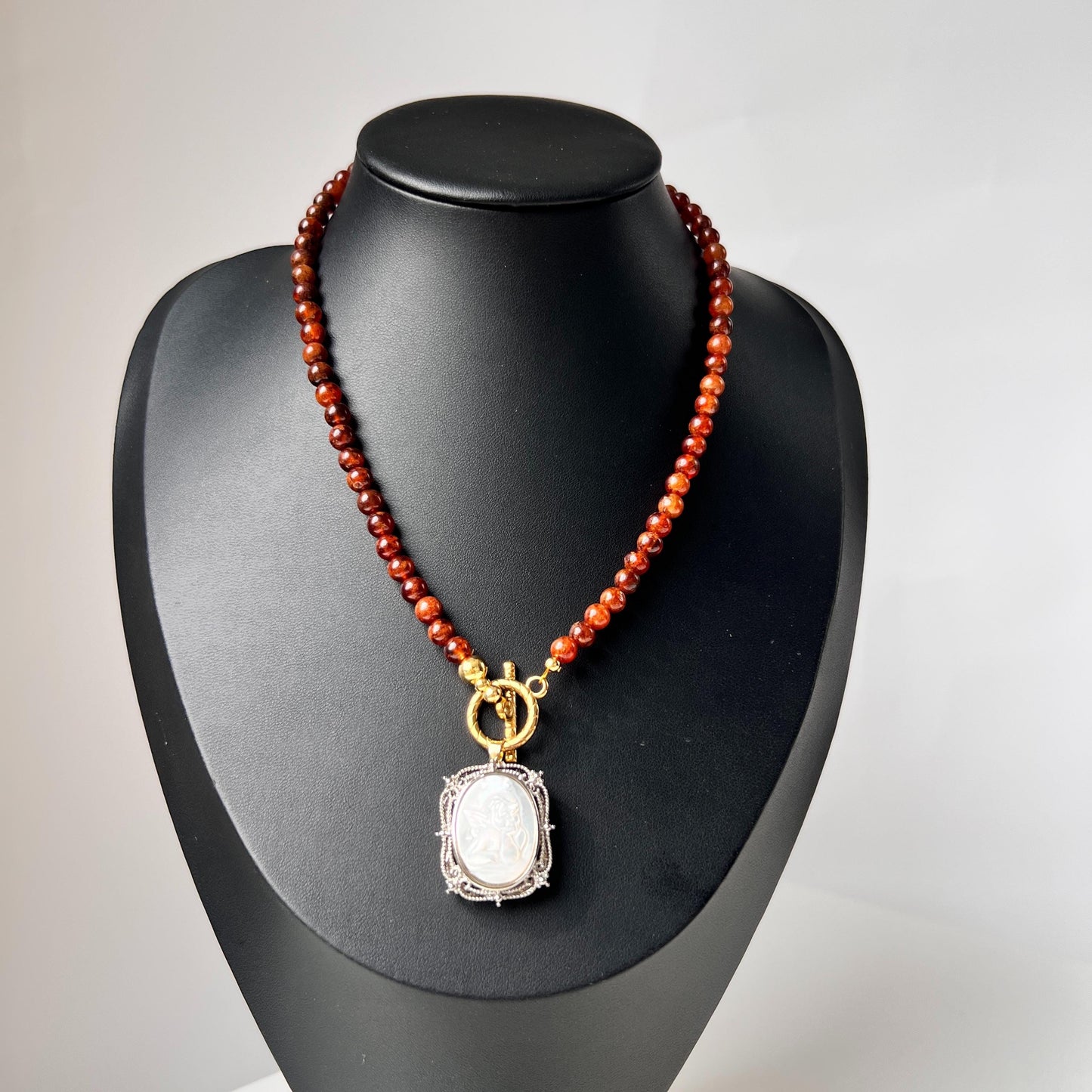 Red Agate Beaded Necklace with Carved Shell Angel Pendant|Handmade Natural Gemstone Jewelry|Unique Spiritual Gift