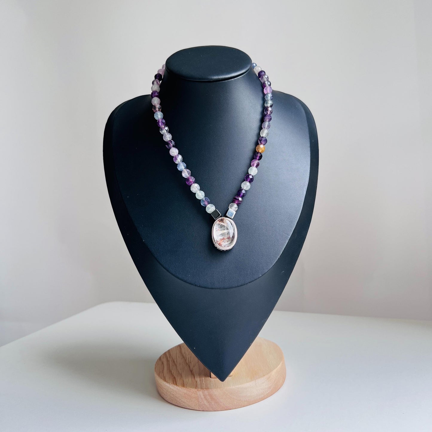 Colorful Gemstone Beaded Necklace with Faceted Crystal|Handmade Hematite, Spirit Quartz & Fluorite Jewelry|Unique Gift for Women