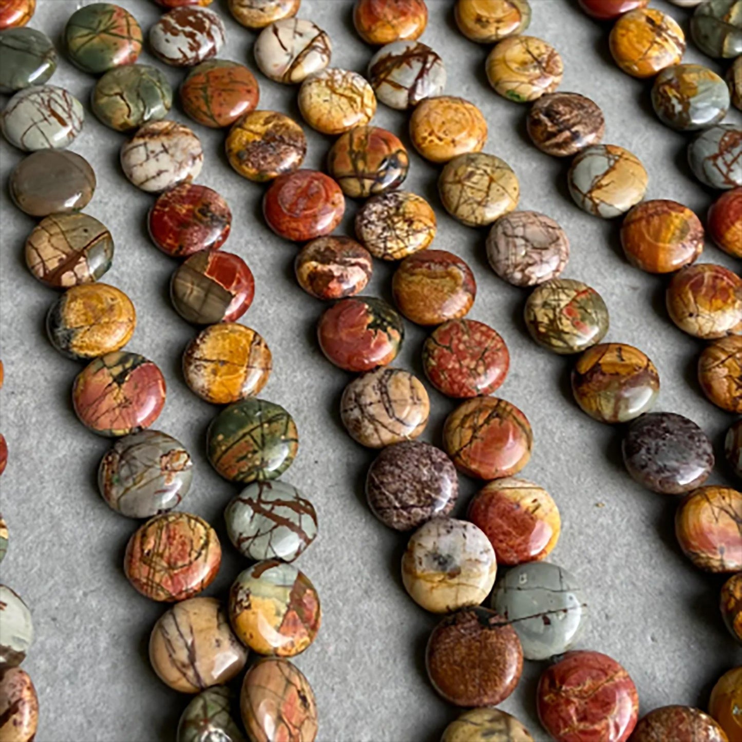Natural Picasso Stone Coin Beads · 16×6.5mm Round Flat · 38cm Pre-Drilled Strand | Artistic Gemstone Beads for DIY Bracelet & Necklace