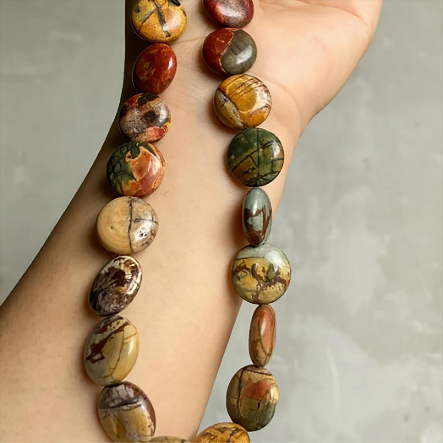 Natural Picasso Stone Coin Beads · 16×6.5mm Round Flat · 38cm Pre-Drilled Strand | Artistic Gemstone Beads for DIY Bracelet & Necklace