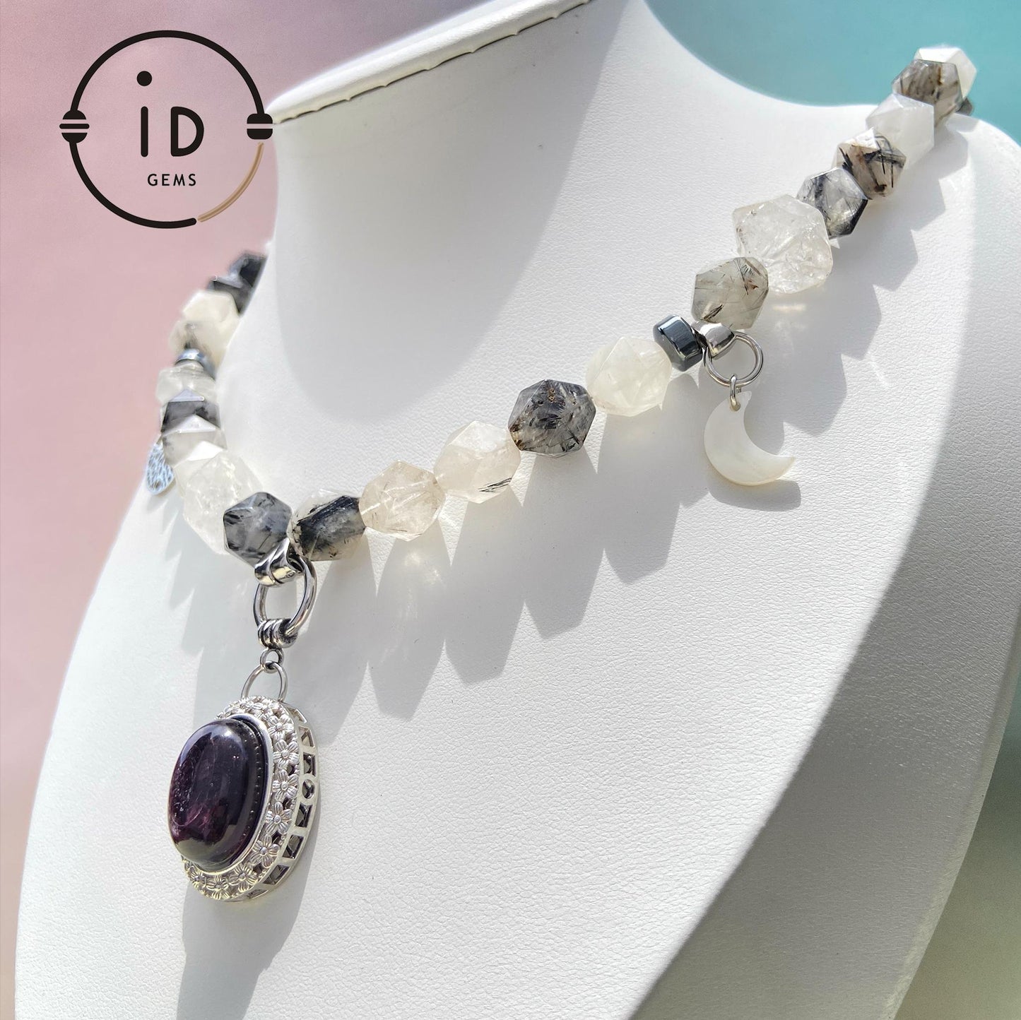 Raw Crystal Pendant Necklace|Boho Energy Jewelry|Clear Quartz, Tourmalinated Quartz & Fluorite|Handmade Spiritual Healing Necklace