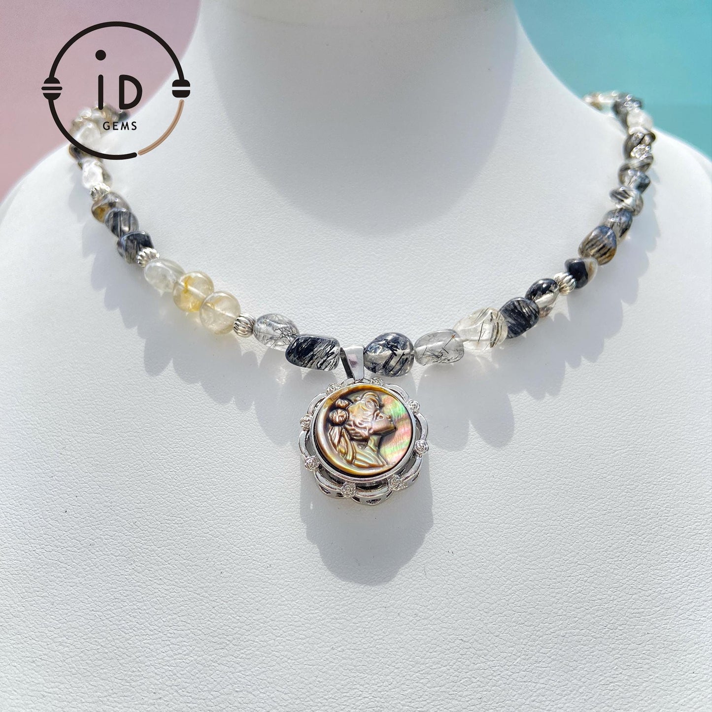 Handmade Cameo Necklace with Girl Pendant|Black Rutilated Quartz Beads|Natural Shell Cameo|Unique Personalized Jewelry Gift