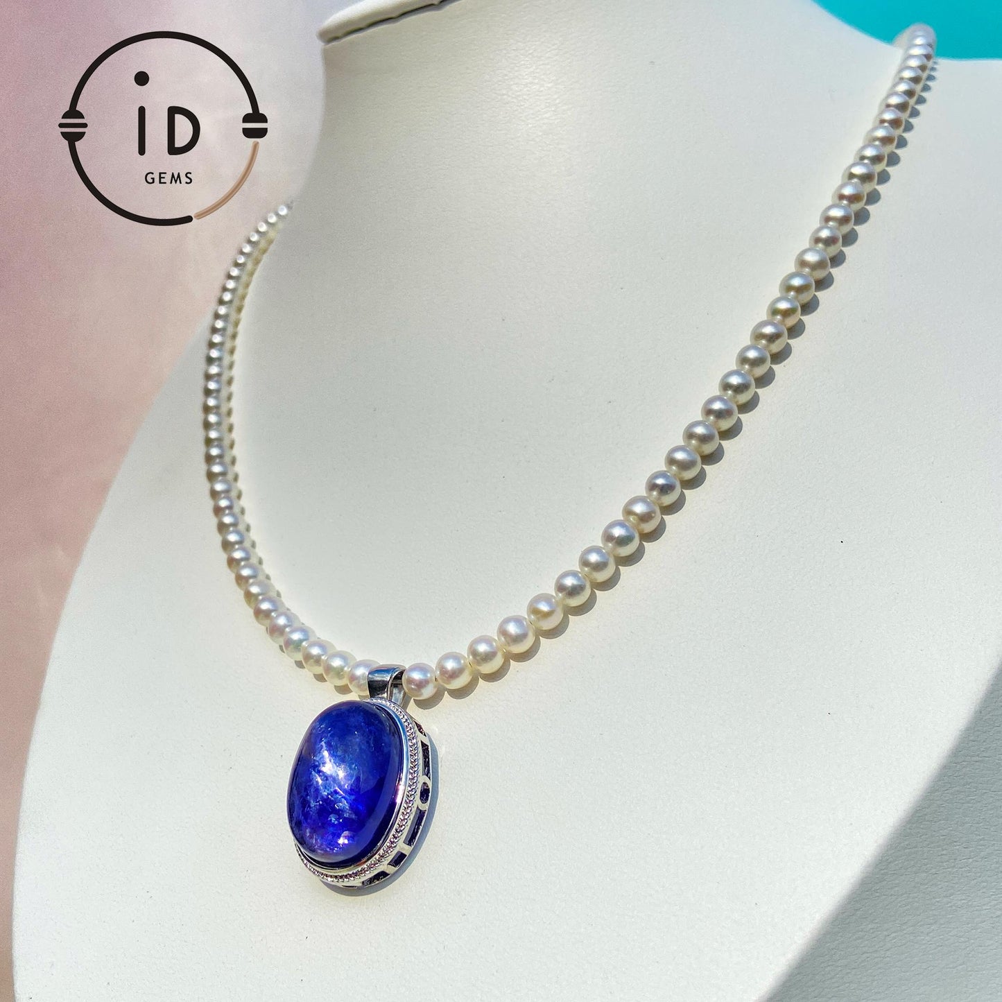 Natural Pearl Necklace with Dark Blue Sodalite Pendant|Round Freshwater Pearls|Handmade Elegant Jewelry|Unique Gift for Women