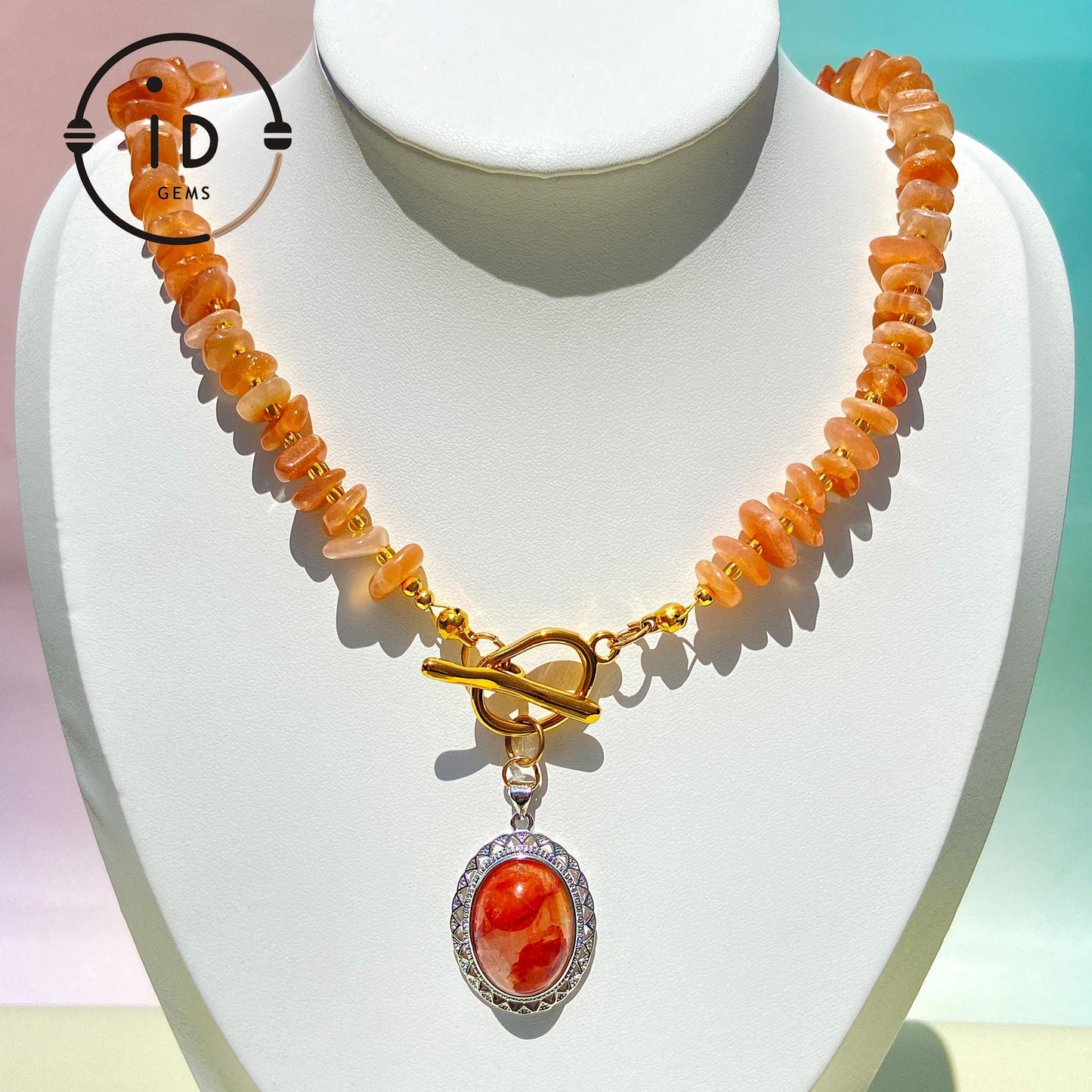 Orange Sunstone Beaded Necklace with Phantom Quartz Pendant|Handmade Natural Gemstone Jewelry|Spiritual Healing Gift