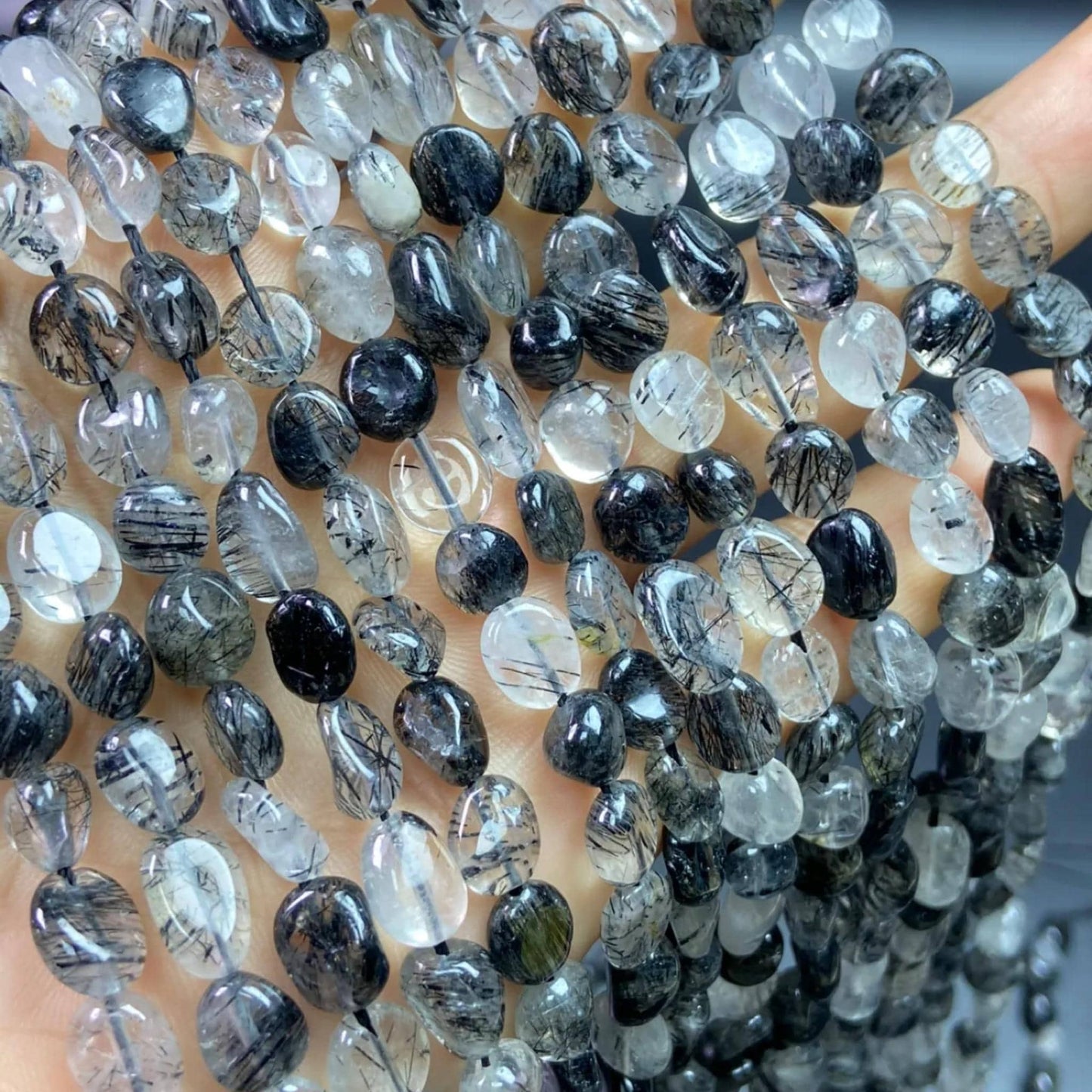 Natural Tourmalinated Quartz Rondelle Beads 6–8 mm · 38 cm Strand | DIY Bracelet & Necklace Making | Chakra Protection & Energy Healing Crystals