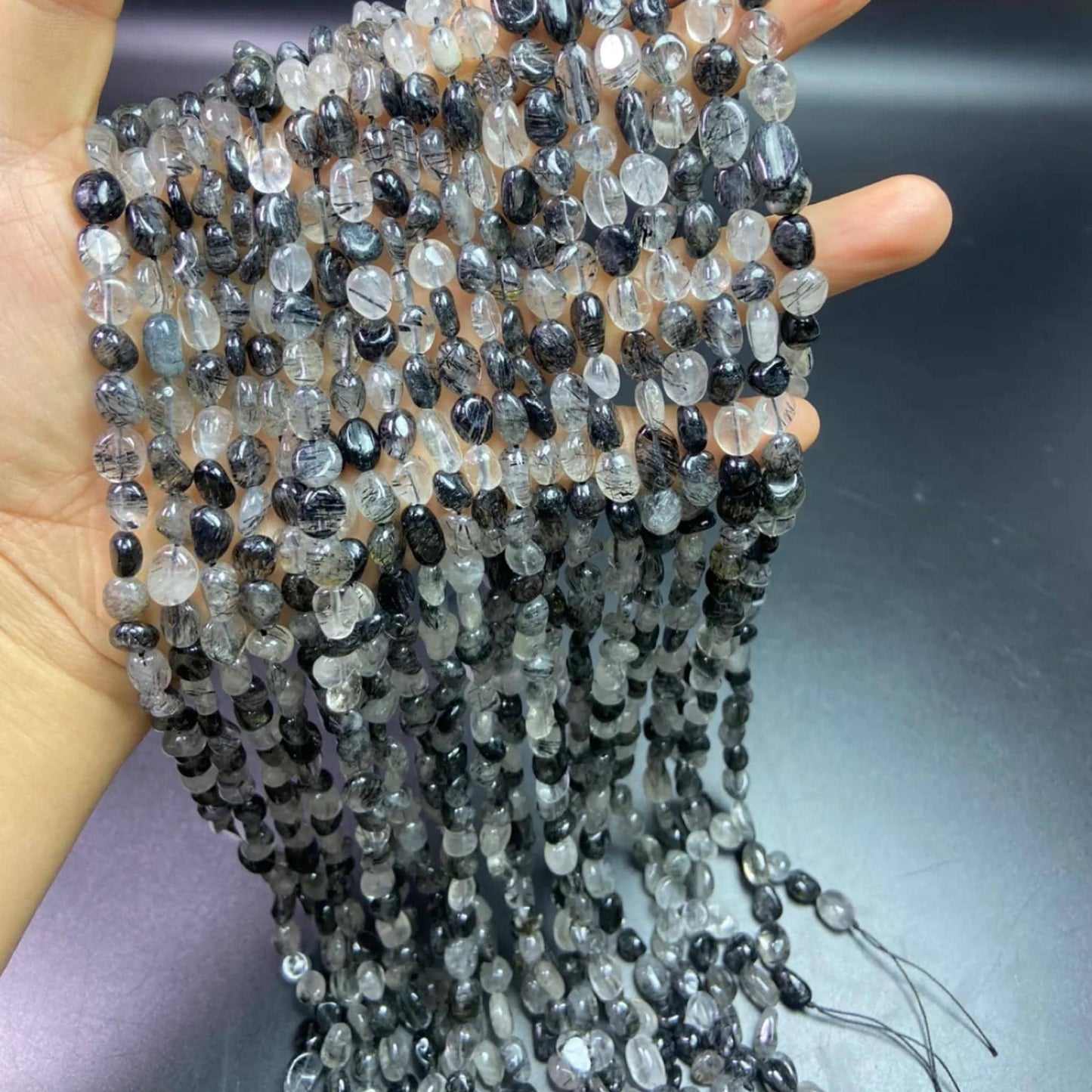 Natural Tourmalinated Quartz Rondelle Beads 6–8 mm · 38 cm Strand | DIY Bracelet & Necklace Making | Chakra Protection & Energy Healing Crystals