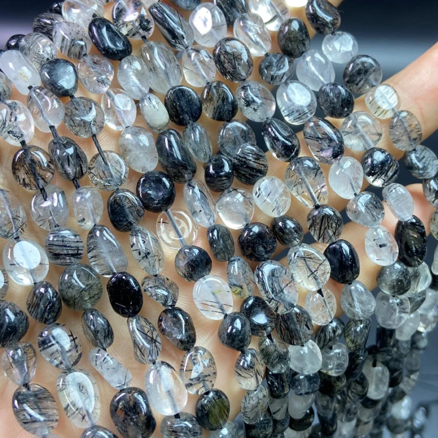 Natural Tourmalinated Quartz Rondelle Beads 6–8 mm · 38 cm Strand | DIY Bracelet & Necklace Making | Chakra Protection & Energy Healing Crystals
